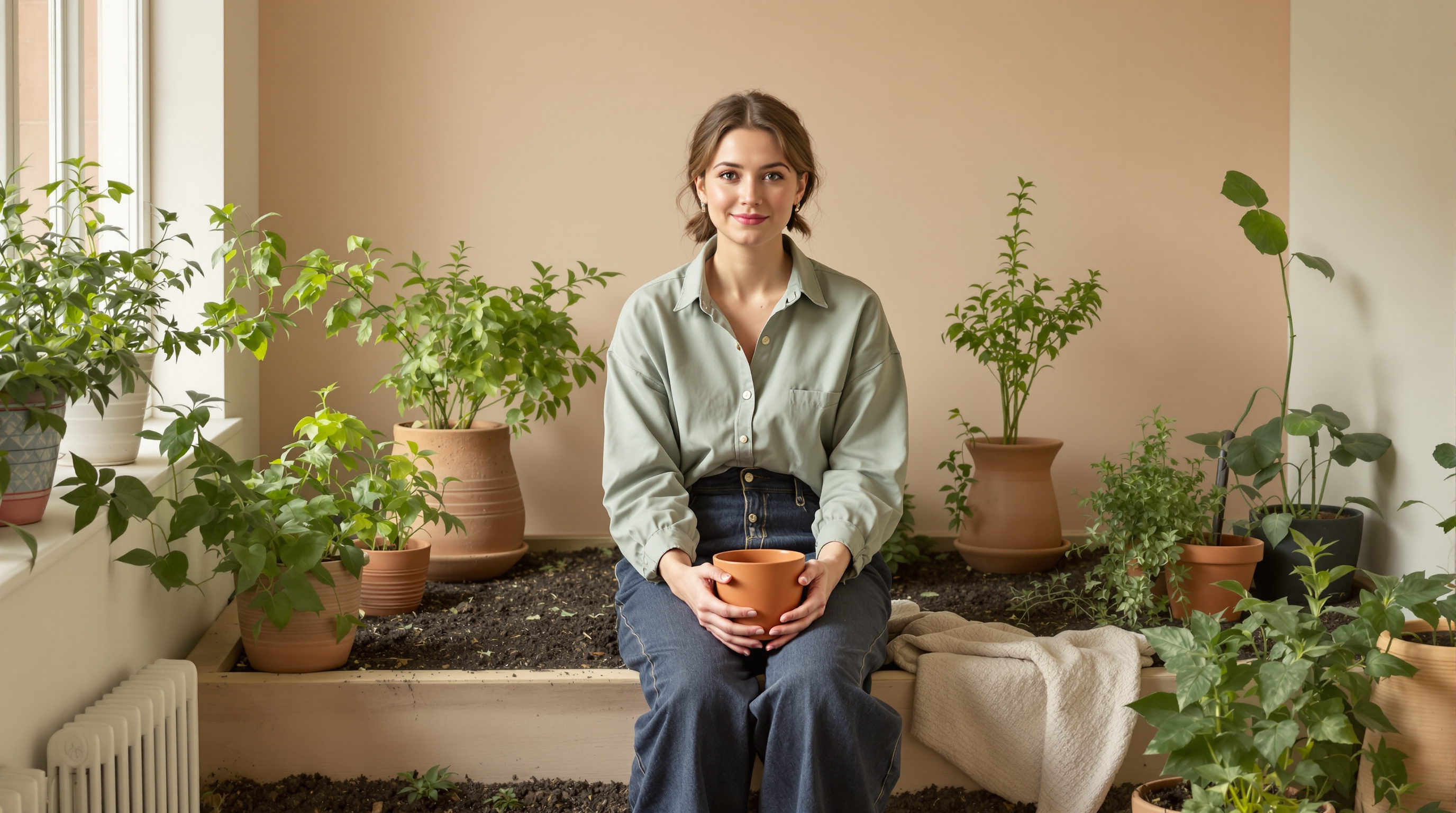 A woman holds a pot of seedlings while seated at a raised garden bed