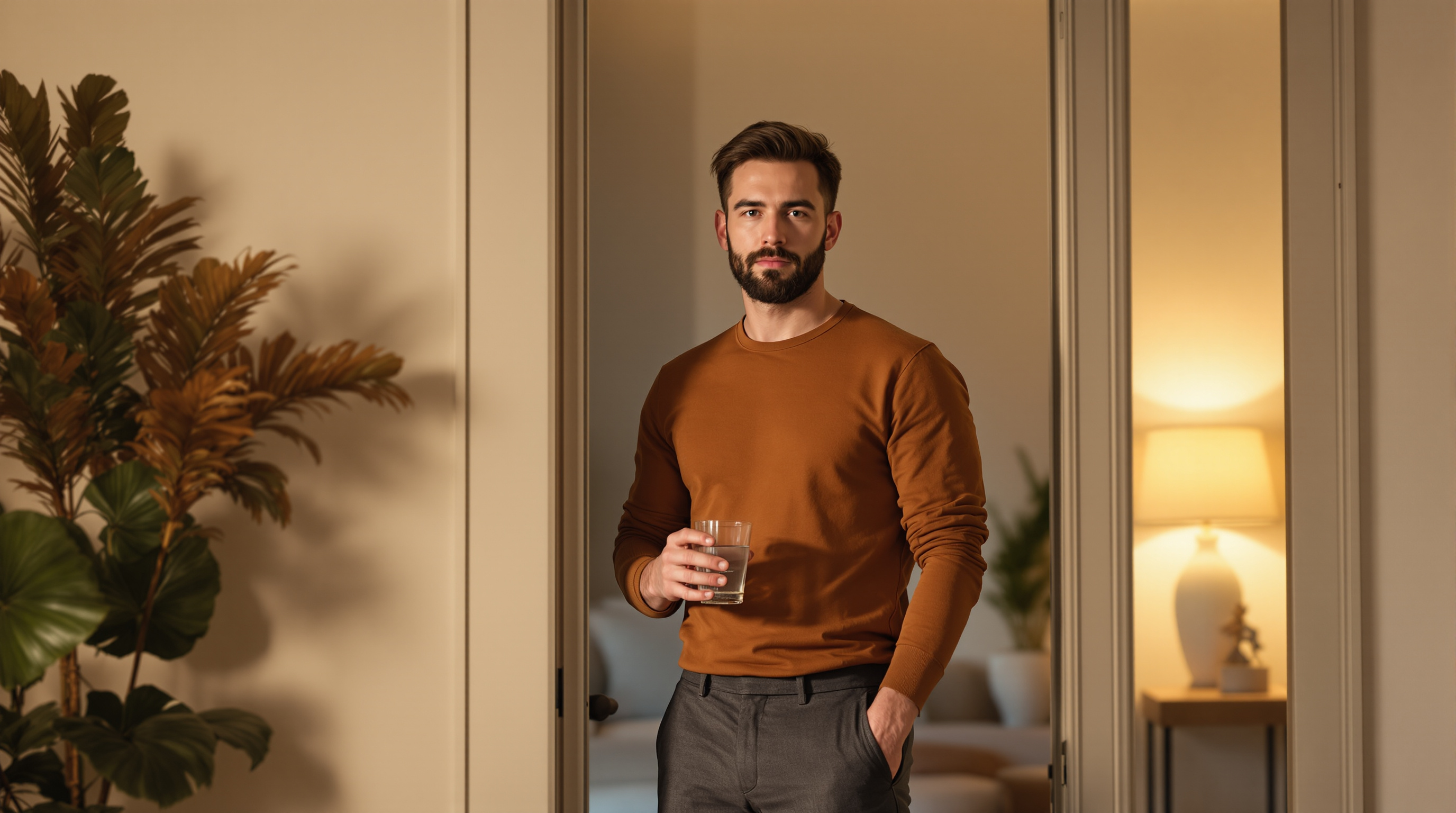 A man stands in an open doorway with a glass of water