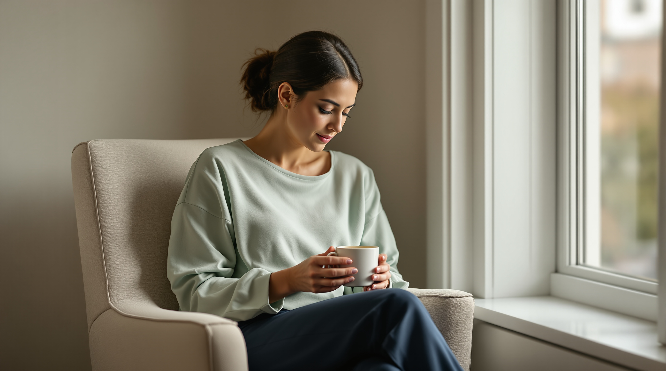 A woman in a sage shirt sits in an armchair beside a window holding a plain mug