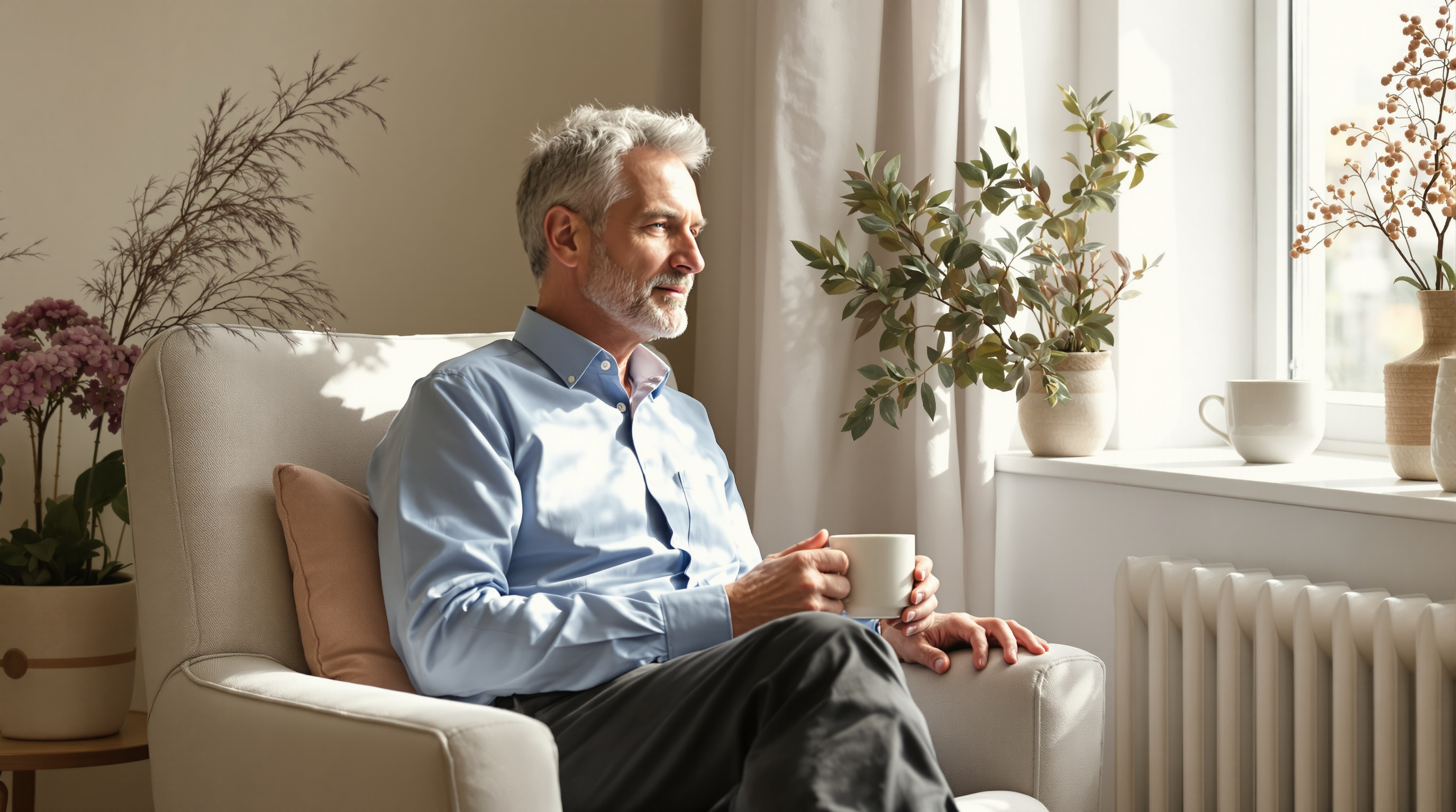 A man sits with a mug in an armchair beside a sunlit window in the morning