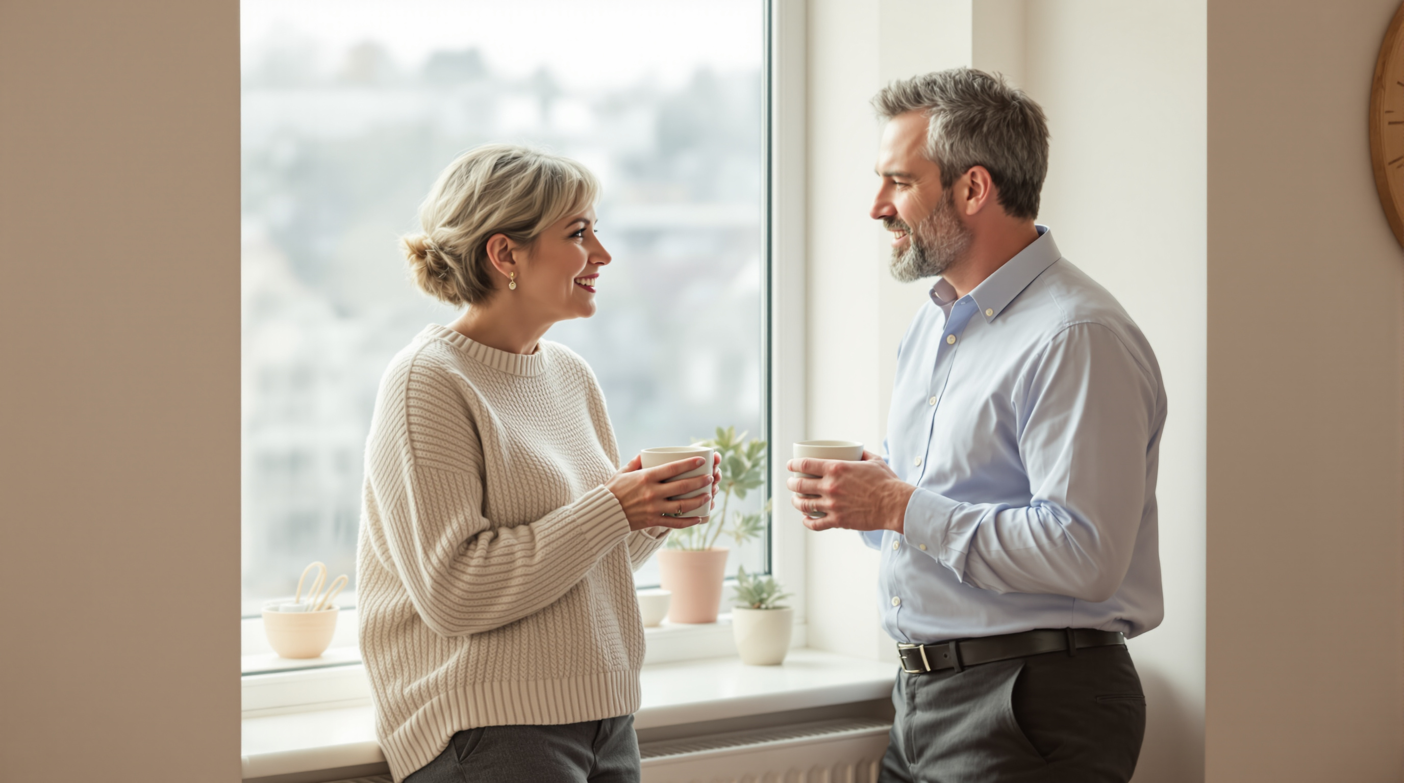 Two adults in full-length view having a quiet conversation beside a living-room window