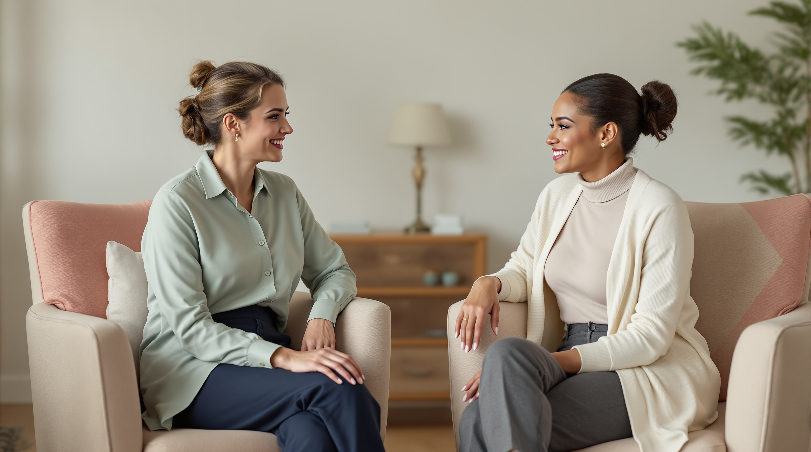 Two women in full-length casual clothes sit in armchairs for a calm conversation at home