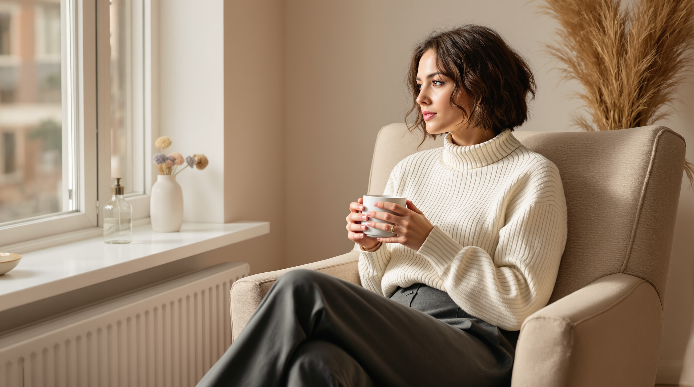 A woman in a cream jumper sits by a window holding a plain ceramic mug