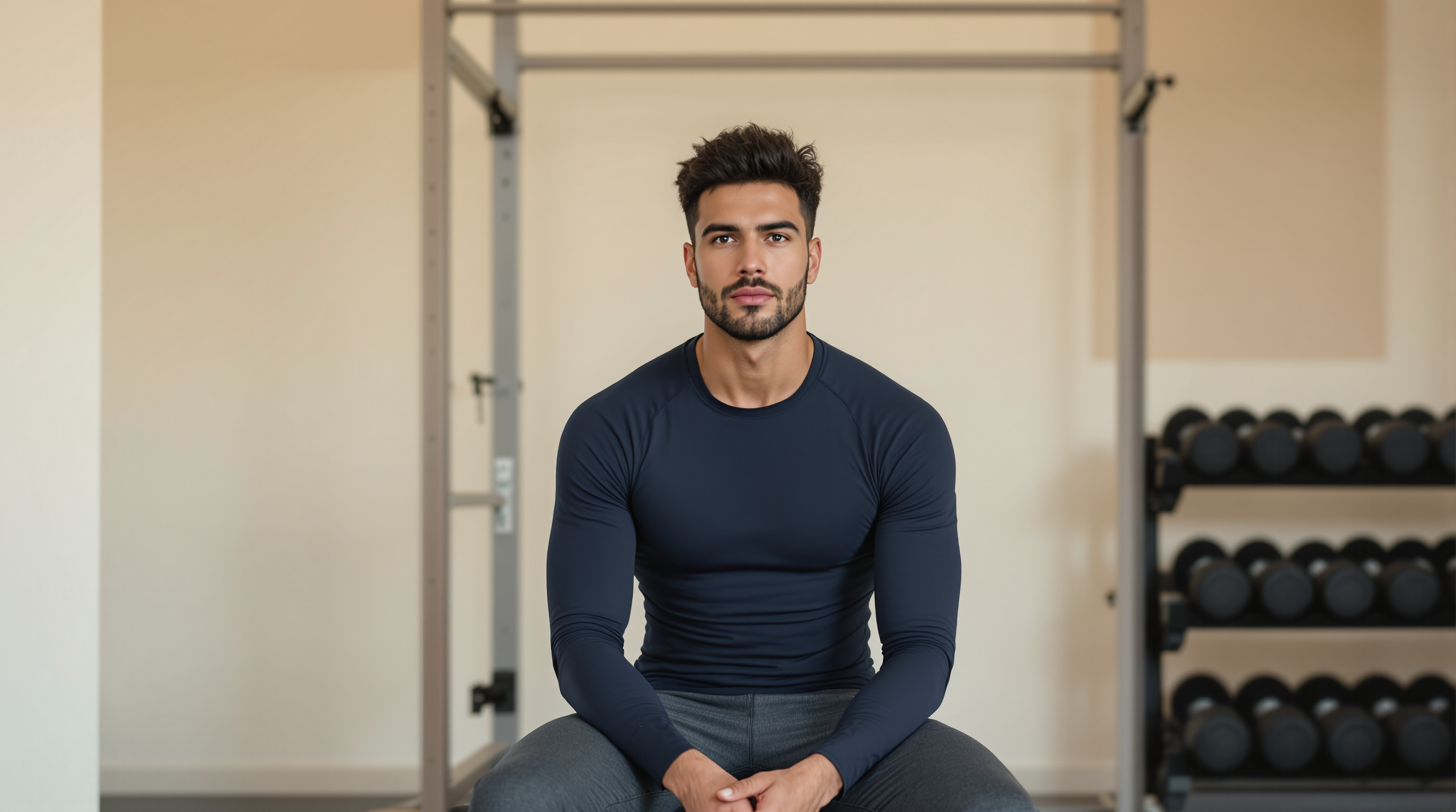 A man in a navy training top rests on a gym bench between sets