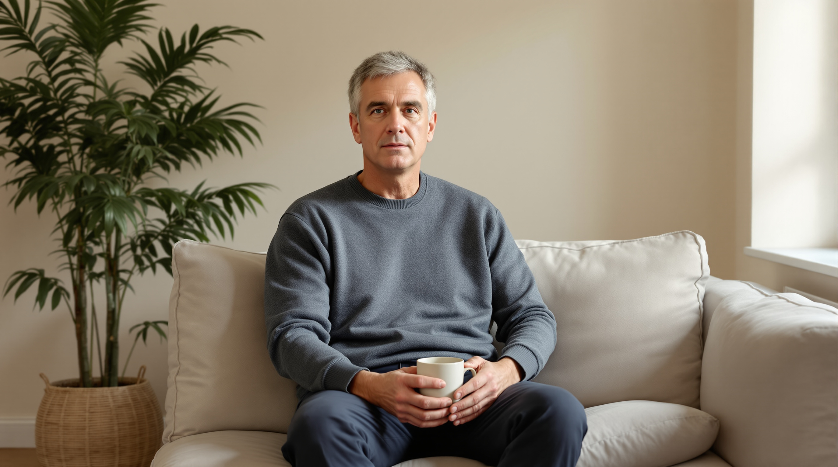 A man in his fifties sits on a linen sofa in a quiet living room, a plain mug in both hands, facing the camera