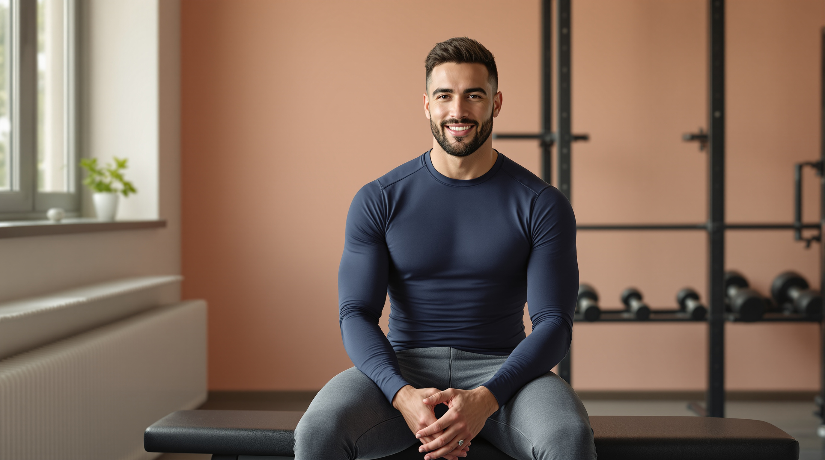 A man in a navy training top and charcoal trousers sits calmly on a gym bench