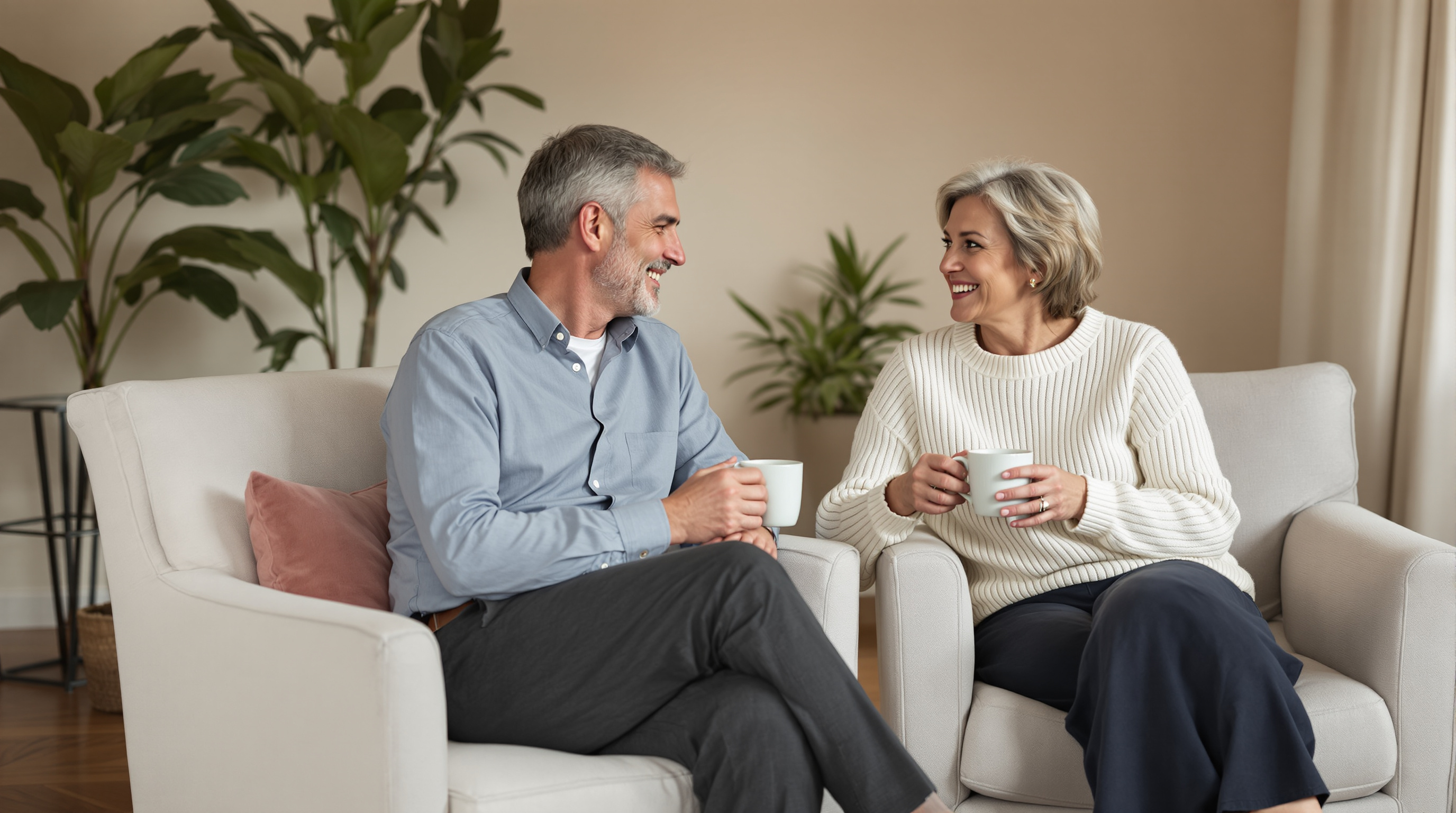 Two friends sit in armchairs and talk over plain mugs in a calm living room