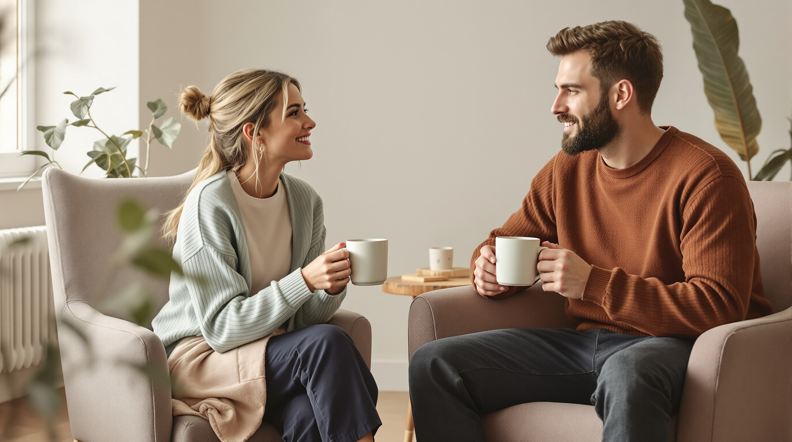 Two friends in knitwear sit facing each other with plain ceramic mugs in a quiet living room