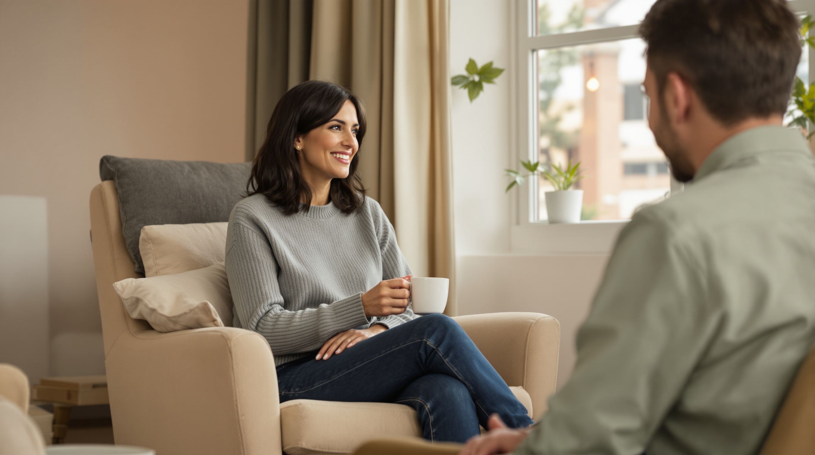 Two people sit talking in armchairs in a bright living room, one holding a mug
