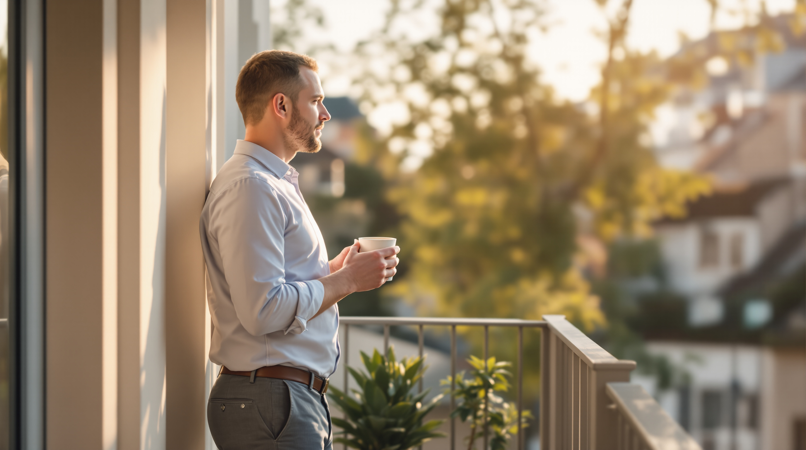A man stands on a sunlit balcony in the early morning holding a mug of coffee