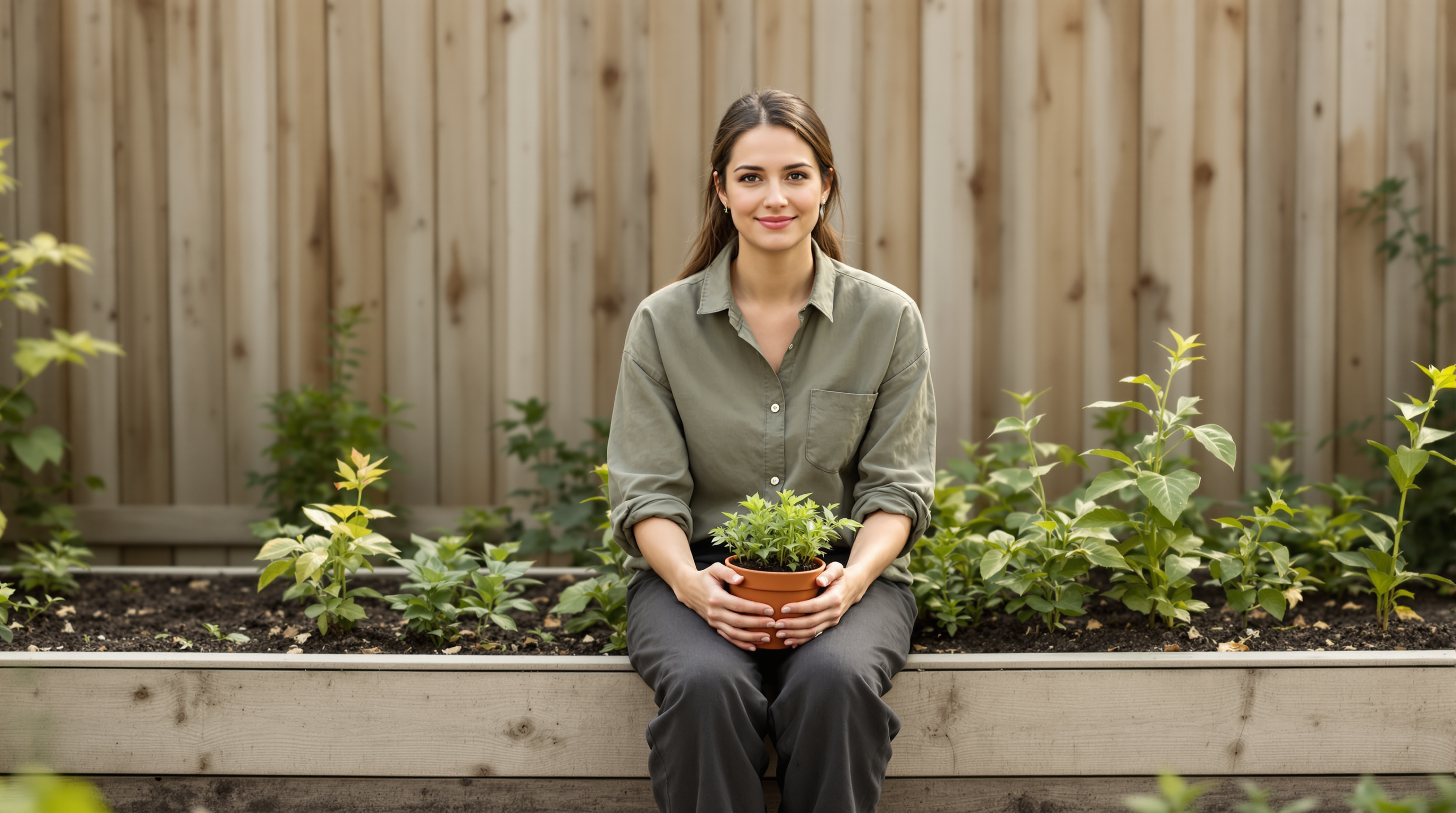 A woman sits on the low wooden edge of a raised garden bed, a small pot of seedlings in her lap