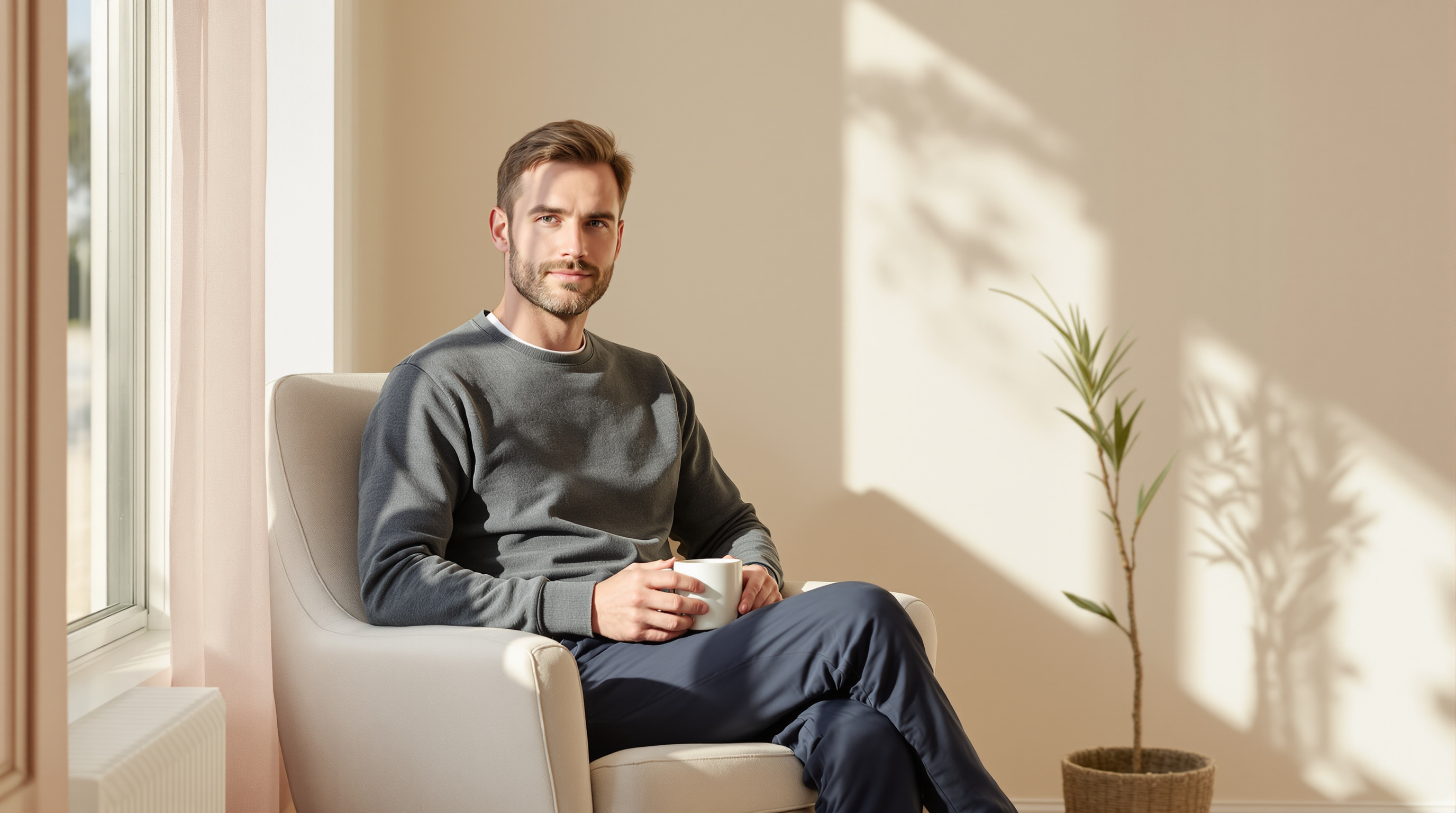 A man sits in a linen armchair beside a sunlit window, a plain mug held in both hands.