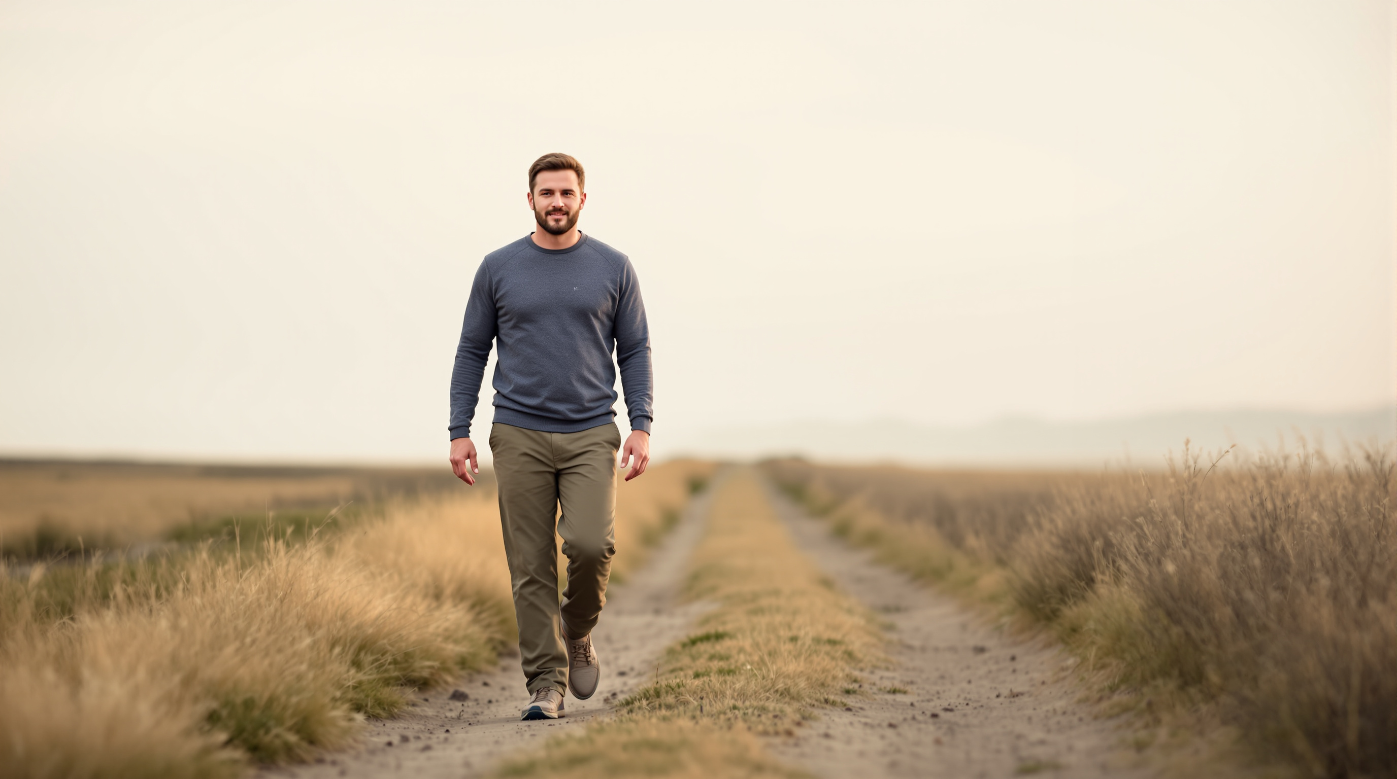A man in a charcoal long-sleeve top and olive trousers walks toward the camera along a dirt path through open grassland