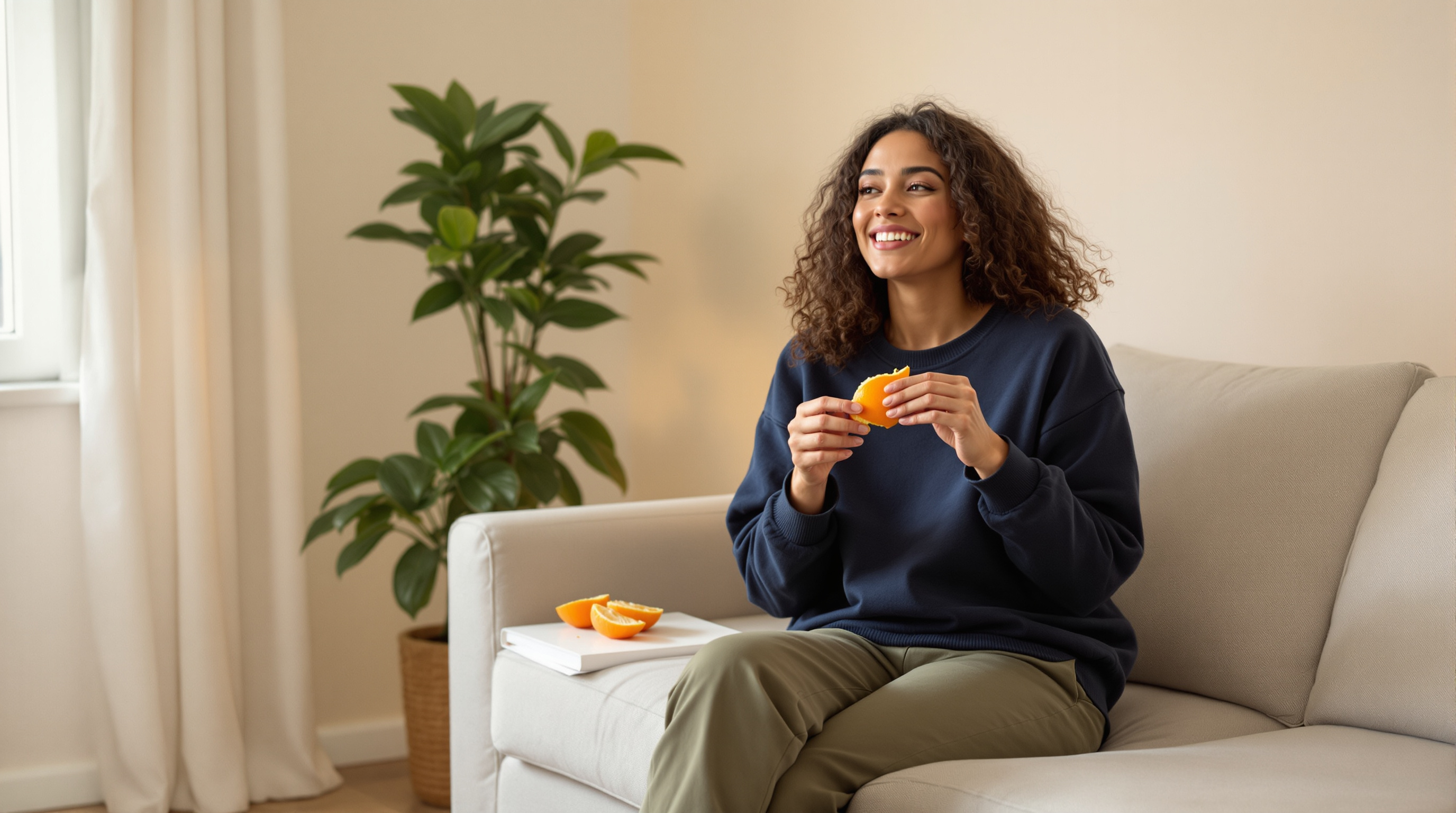 A woman sits on a sofa in a quiet living room peeling an orange