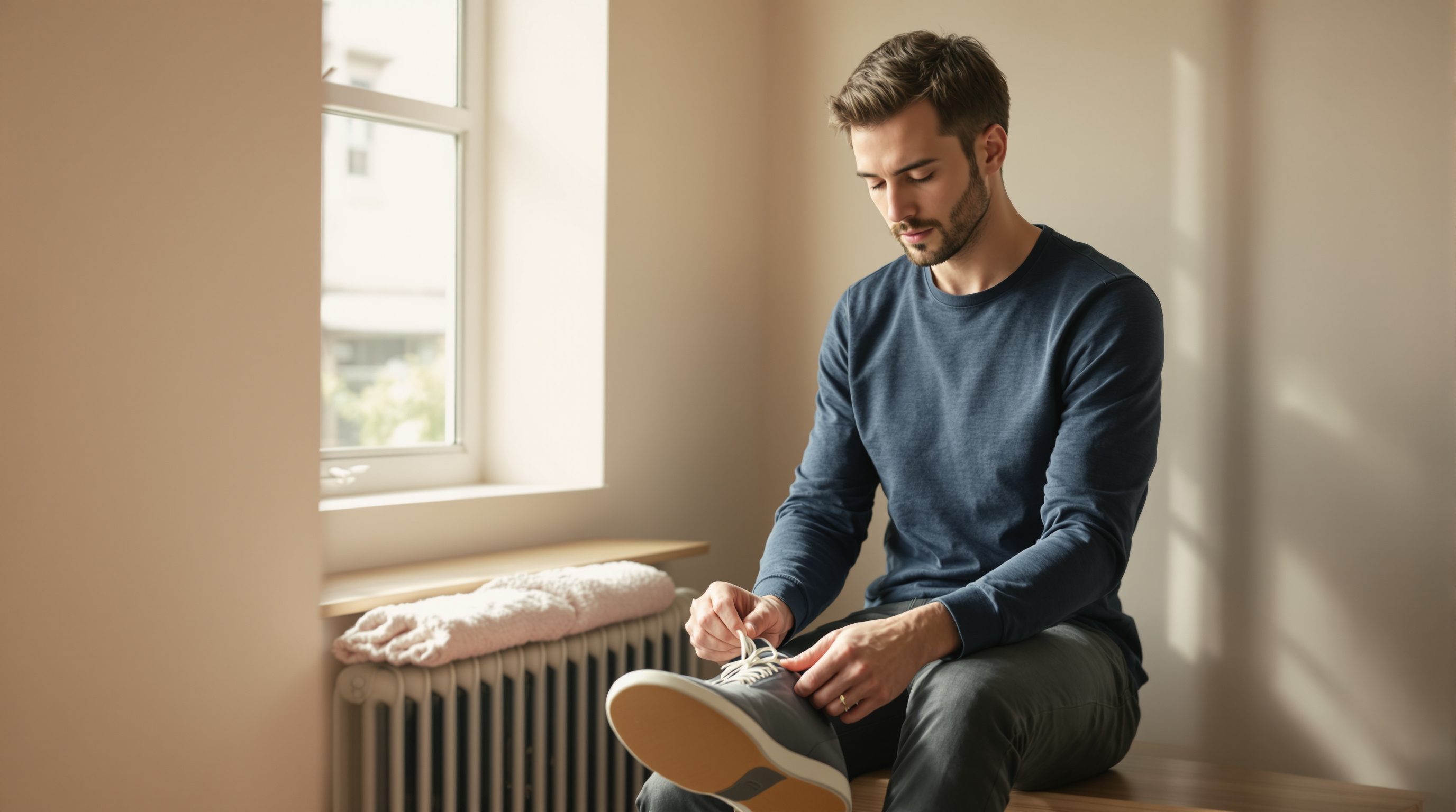 A man in a navy henley laces a shoe on a bench beneath a bright window