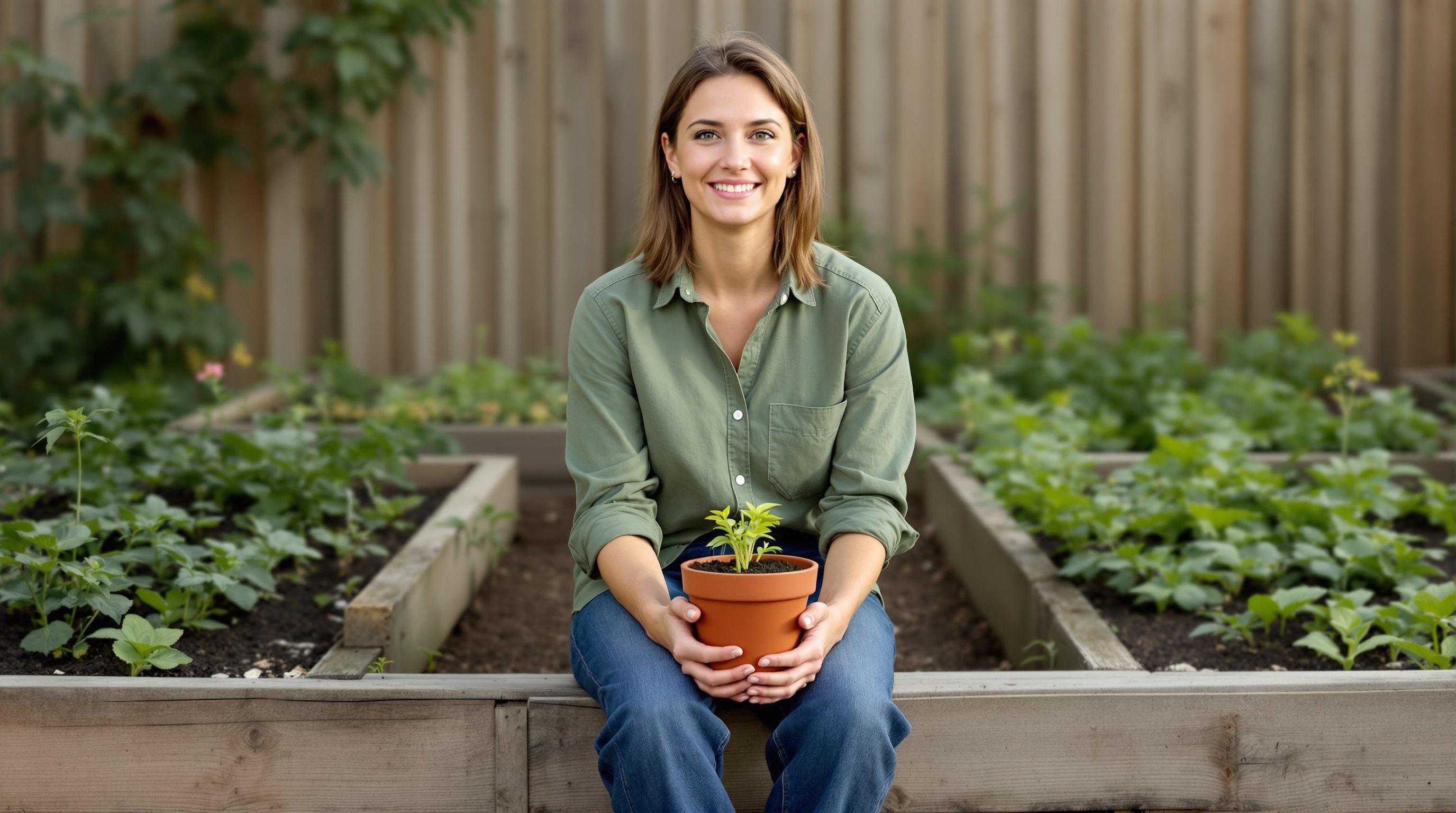 A woman in a green cotton shirt and full-length denim trousers sits on the wooden edge of a raised garden bed with a small pot of seedlings in her lap