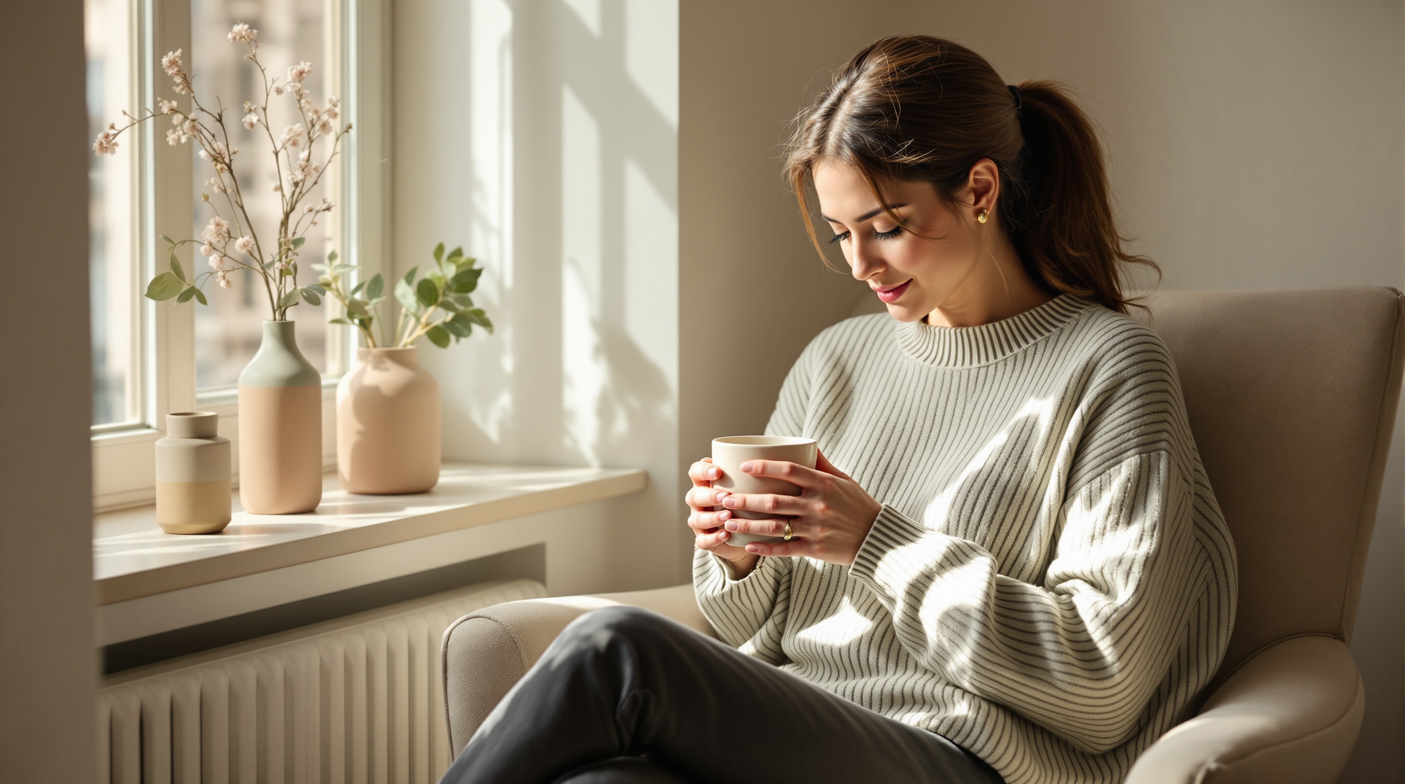 A woman in a sage sweater sits by a sunlit window holding a plain ceramic mug