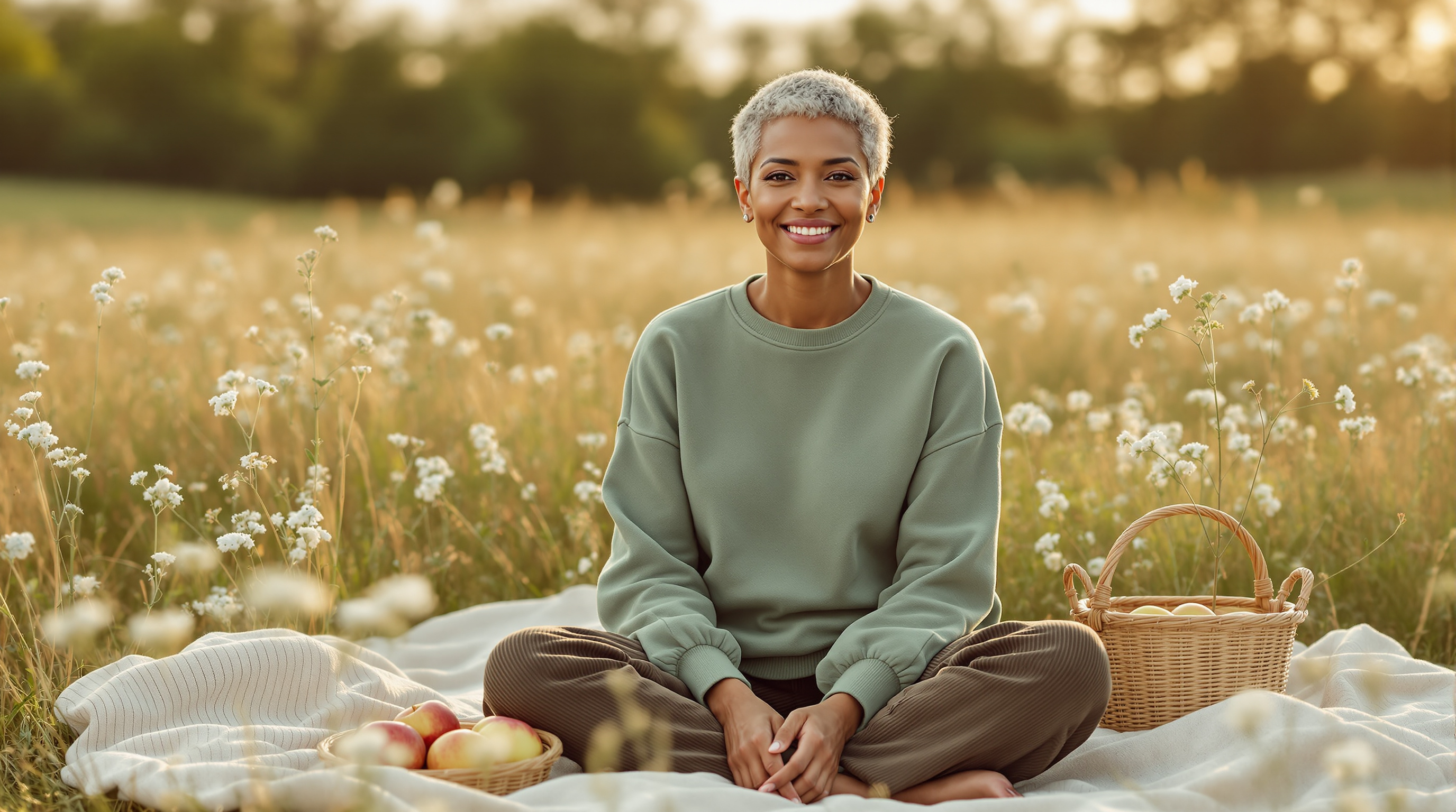 A woman sits on a blanket in a meadow beside a basket of apples