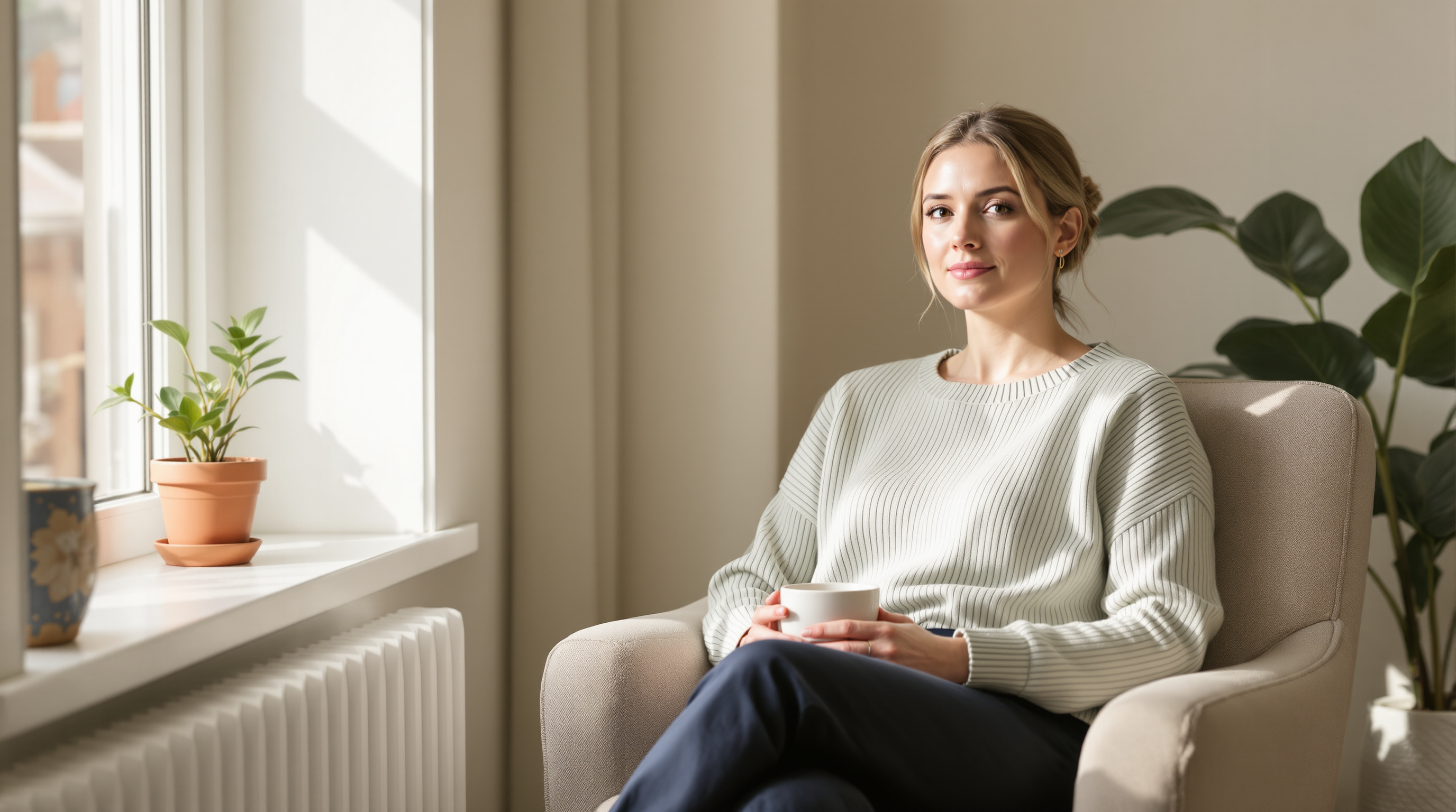 A woman in a sage knit top holds a plain mug in a linen armchair beside a sunlit window
