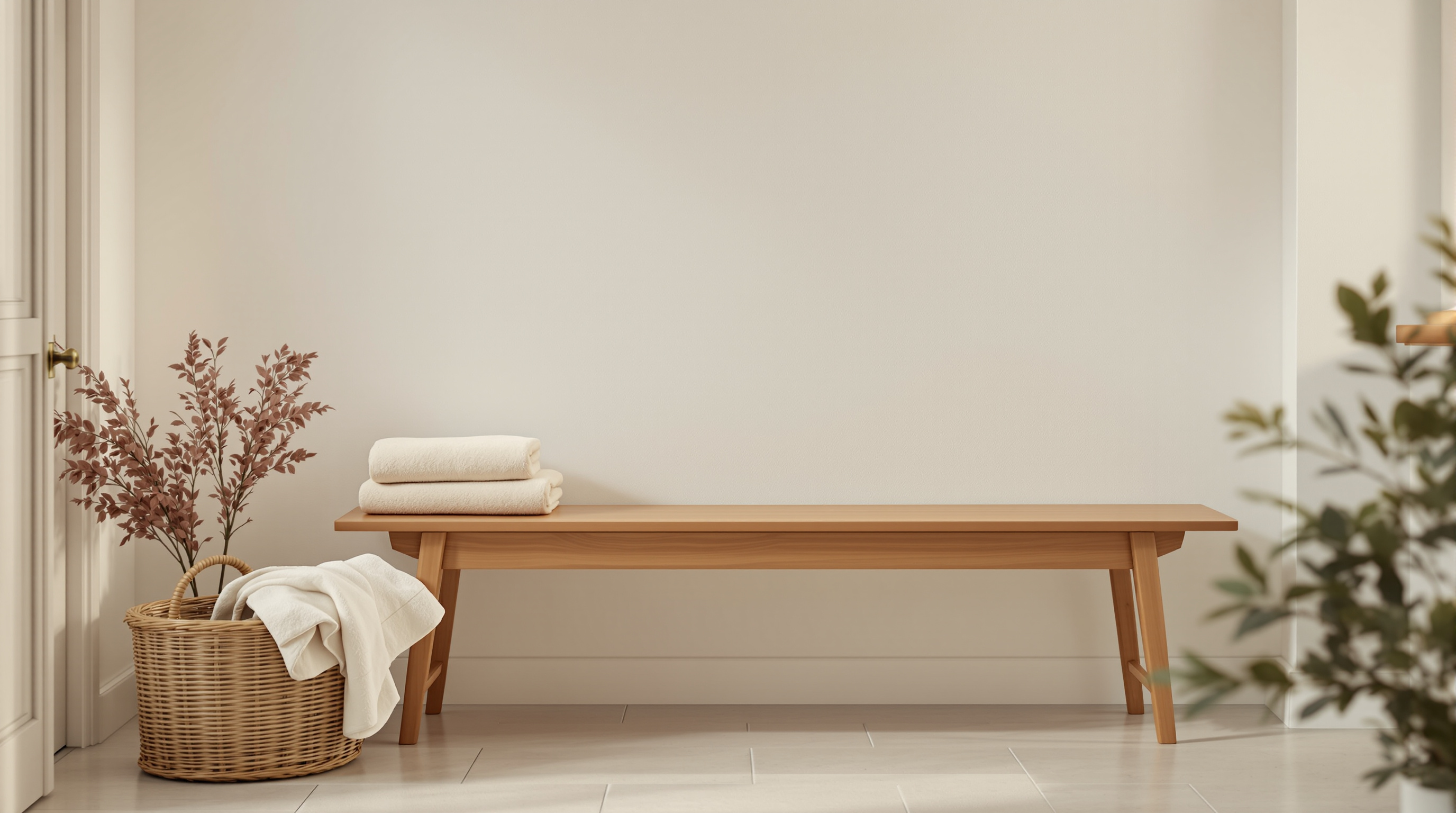 An empty bench in a utility room with a folded towel