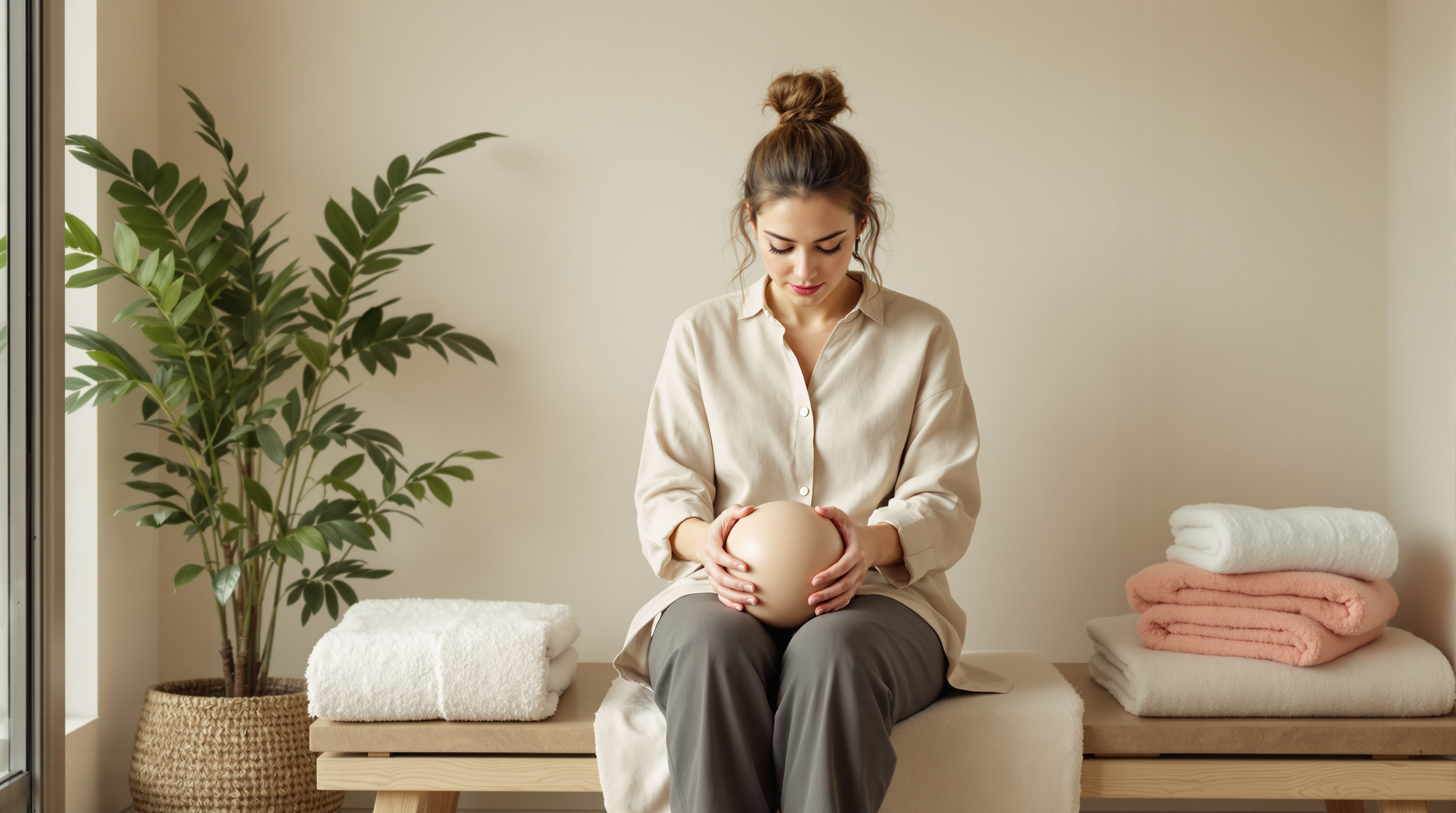 A woman sits on a wooden bench in a quiet spa room holding a smooth massage ball