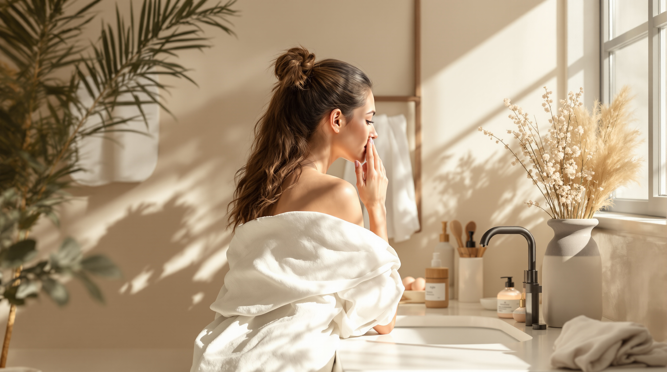 A woman in a white robe pausing at a sunlit bathroom counter during a morning skincare routine
