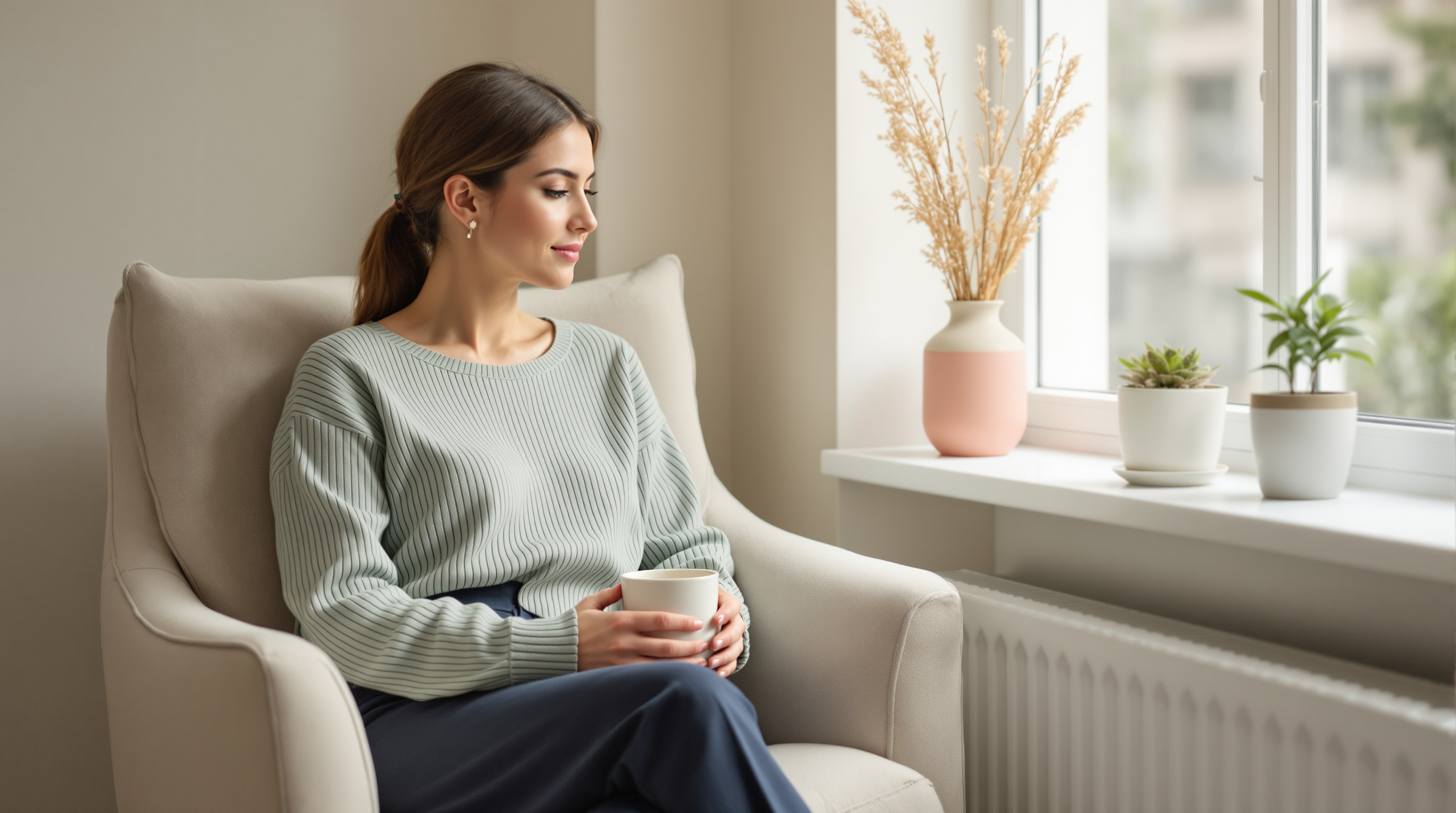 A woman in a sage knit top sits beside a bright windowsill holding a plain mug