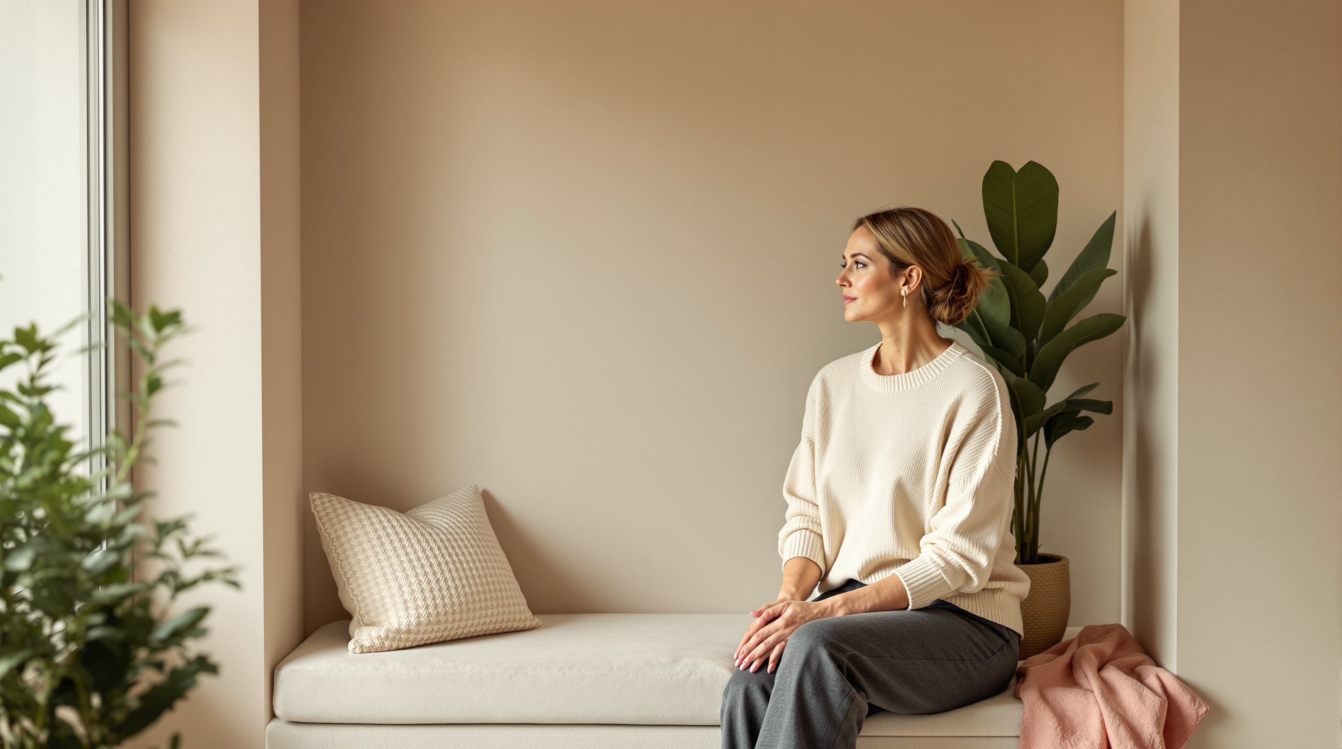 Woman in a cream knit top and charcoal trousers sits in a quiet spa alcove