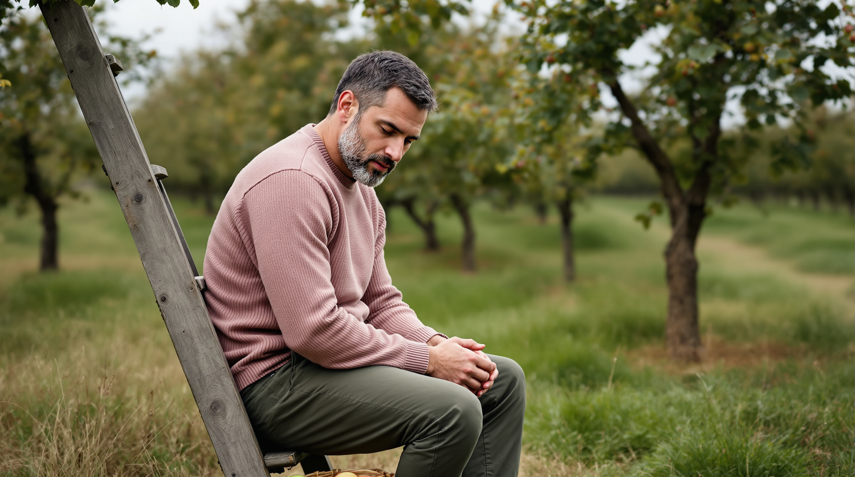 A man sits on a ladder in an orchard beside a basket of apples