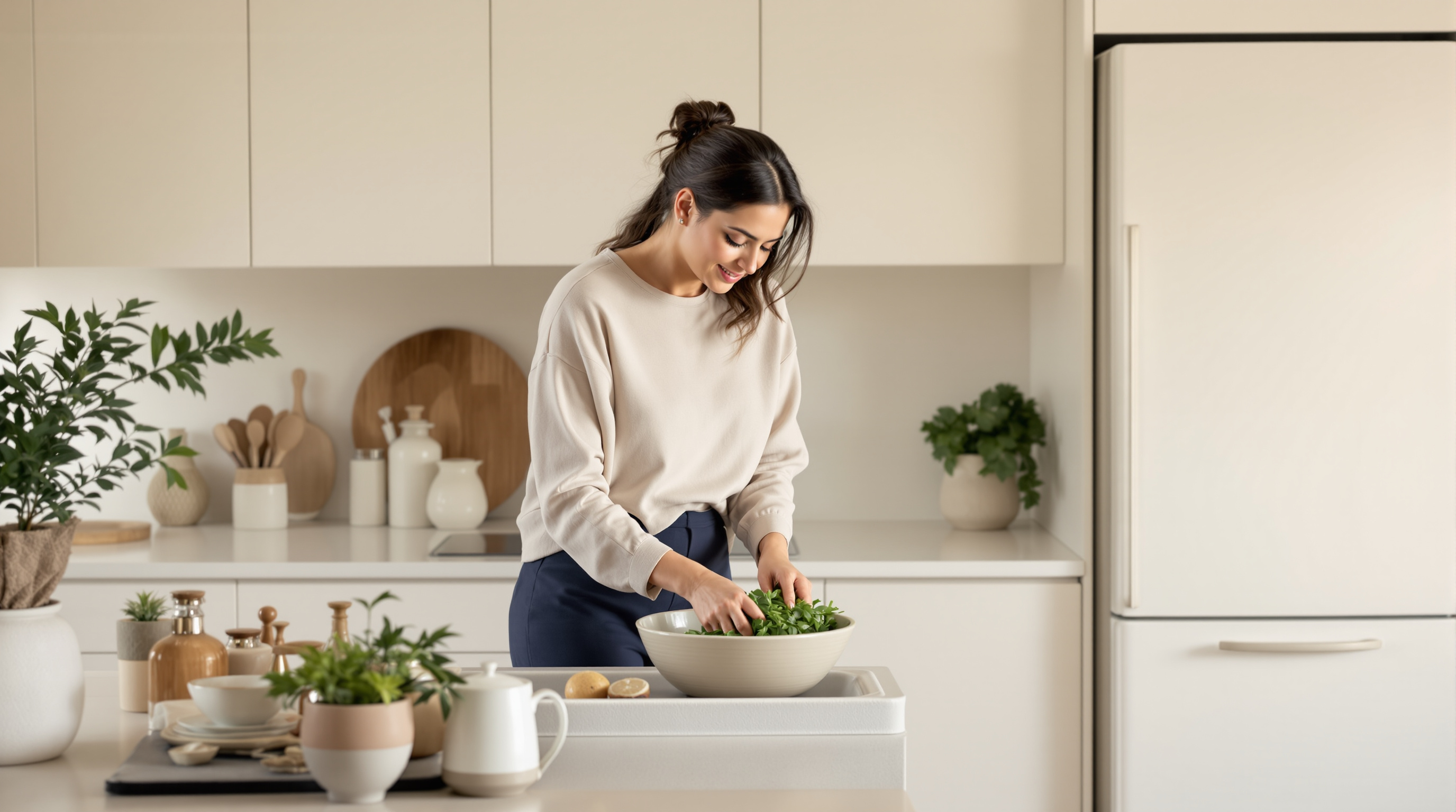 A woman rinses leafy greens in a quiet matte-white kitchen
