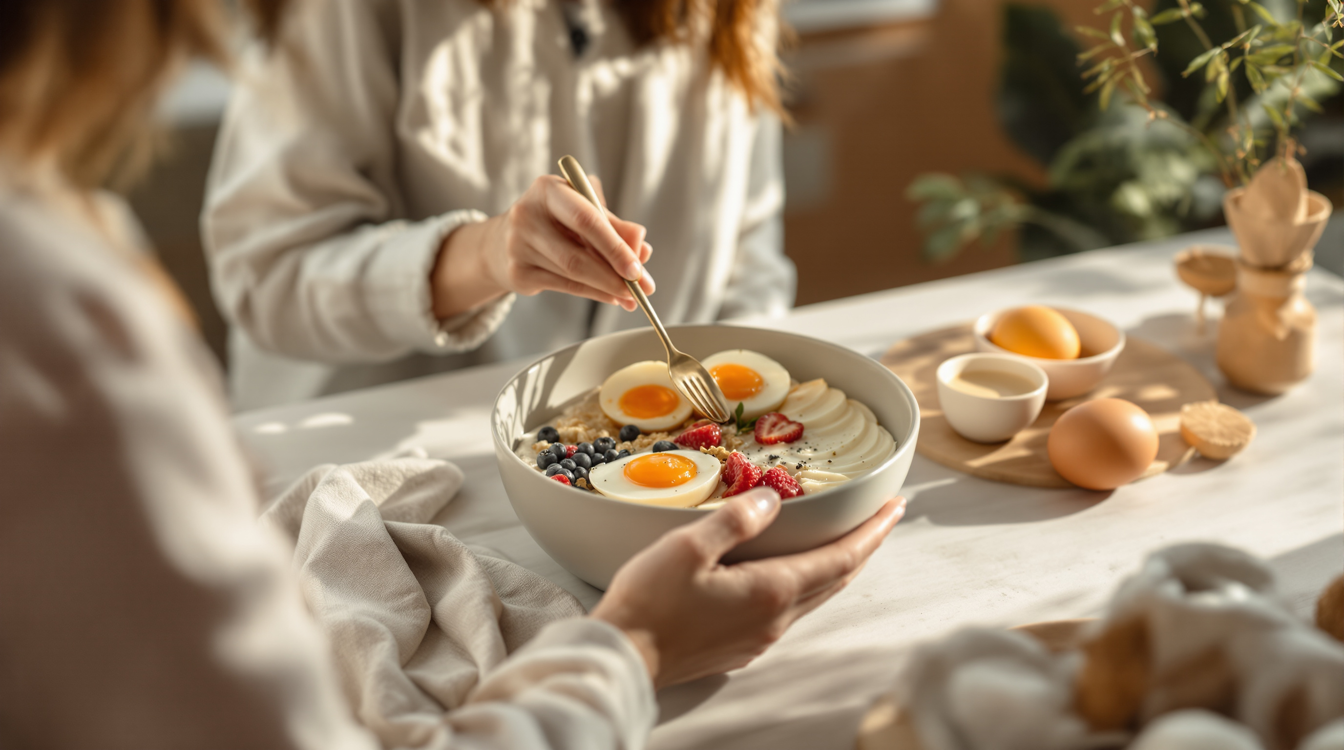 Two people sharing a breakfast bowl of yogurt, eggs, and berries at a sunlit table