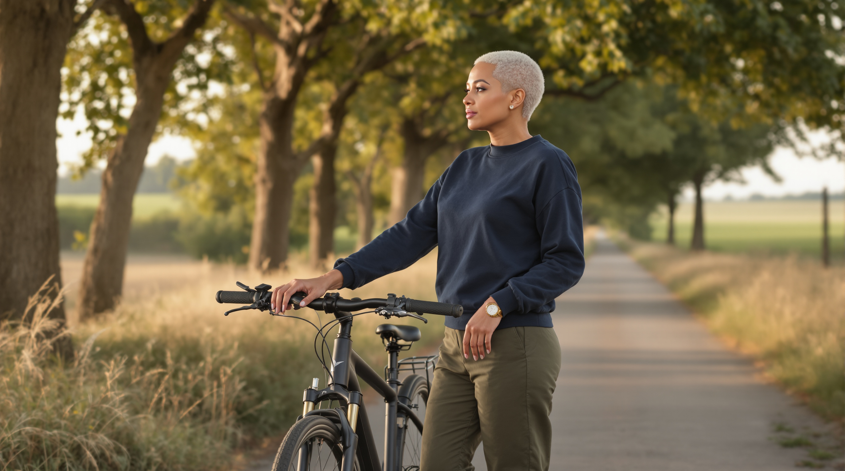 A woman stands beside a bicycle in a quiet lane with a glass of water