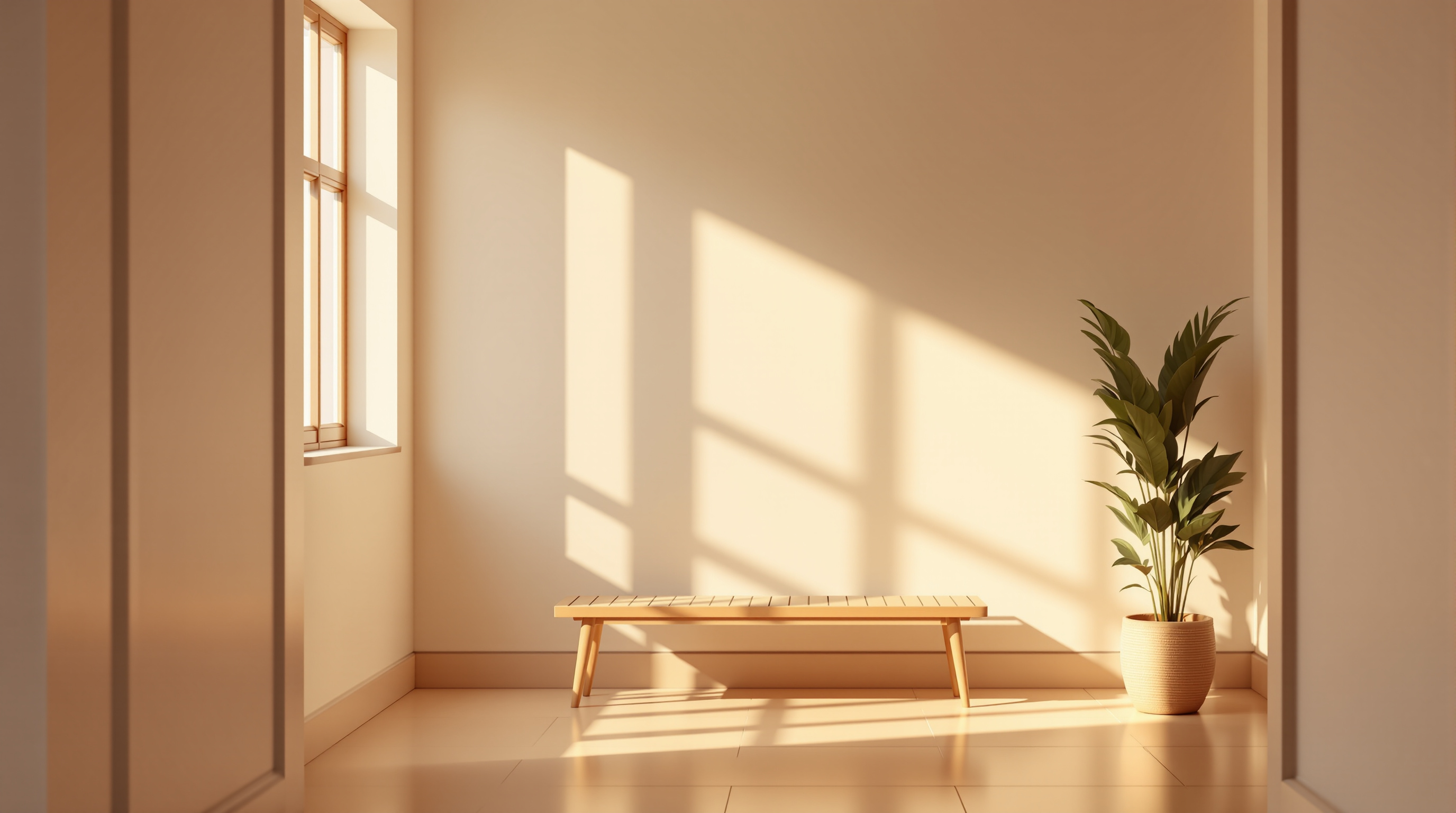 An empty bench in a bright entryway