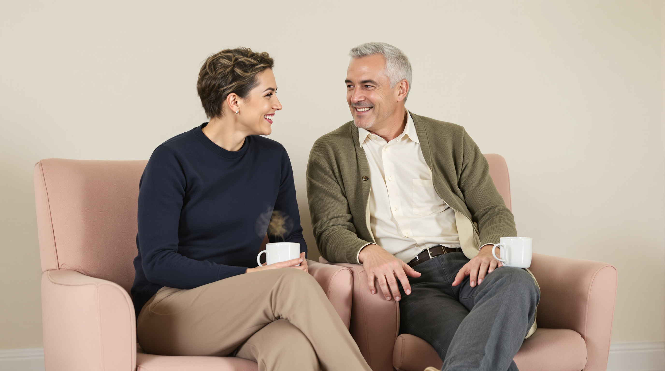 Two friends in armchairs compare treatment options over plain mugs in a sunlit room