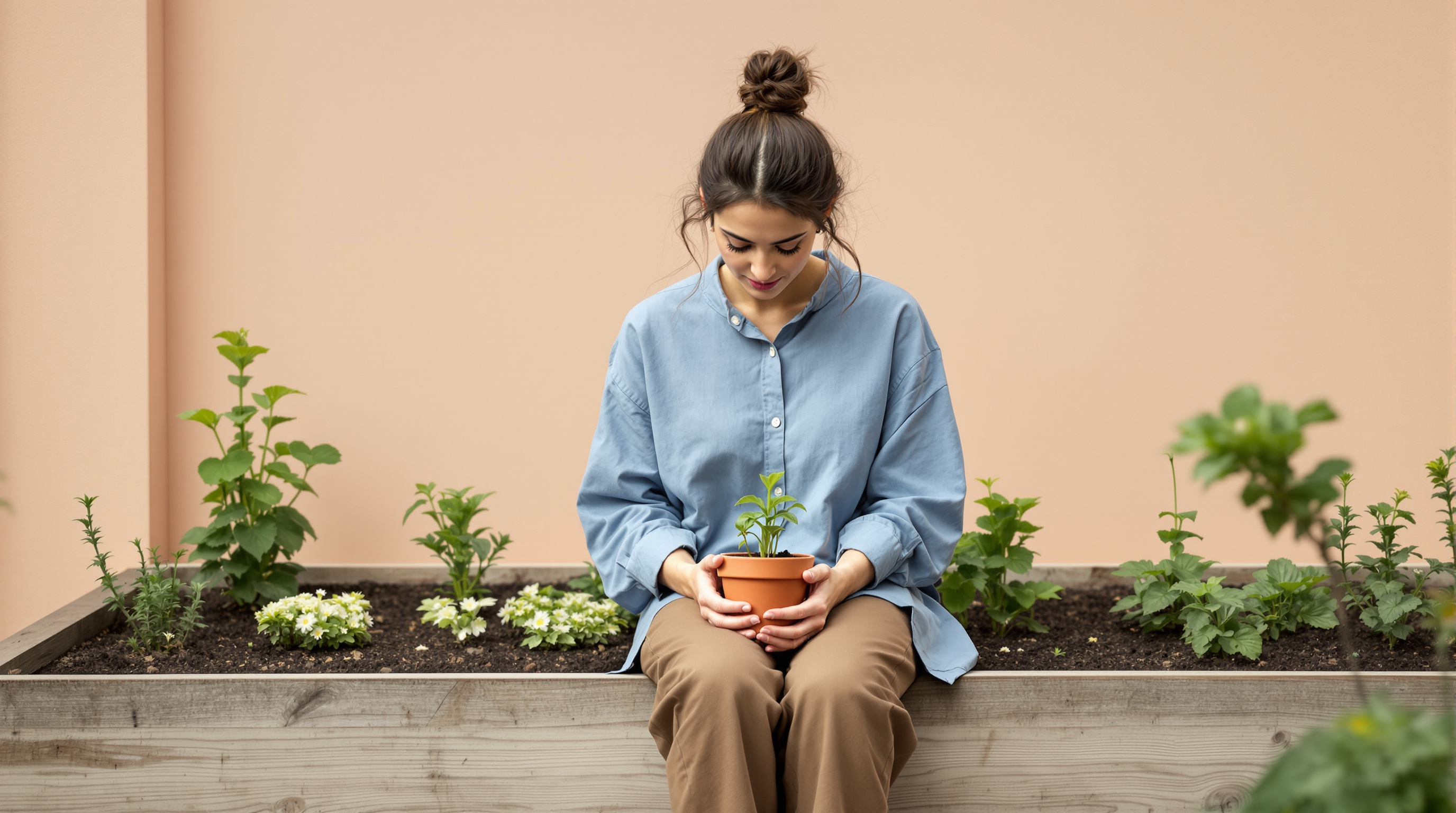 A woman in a blue shirt and brown trousers sits on the edge of a raised garden bed holding a pot of seedlings
