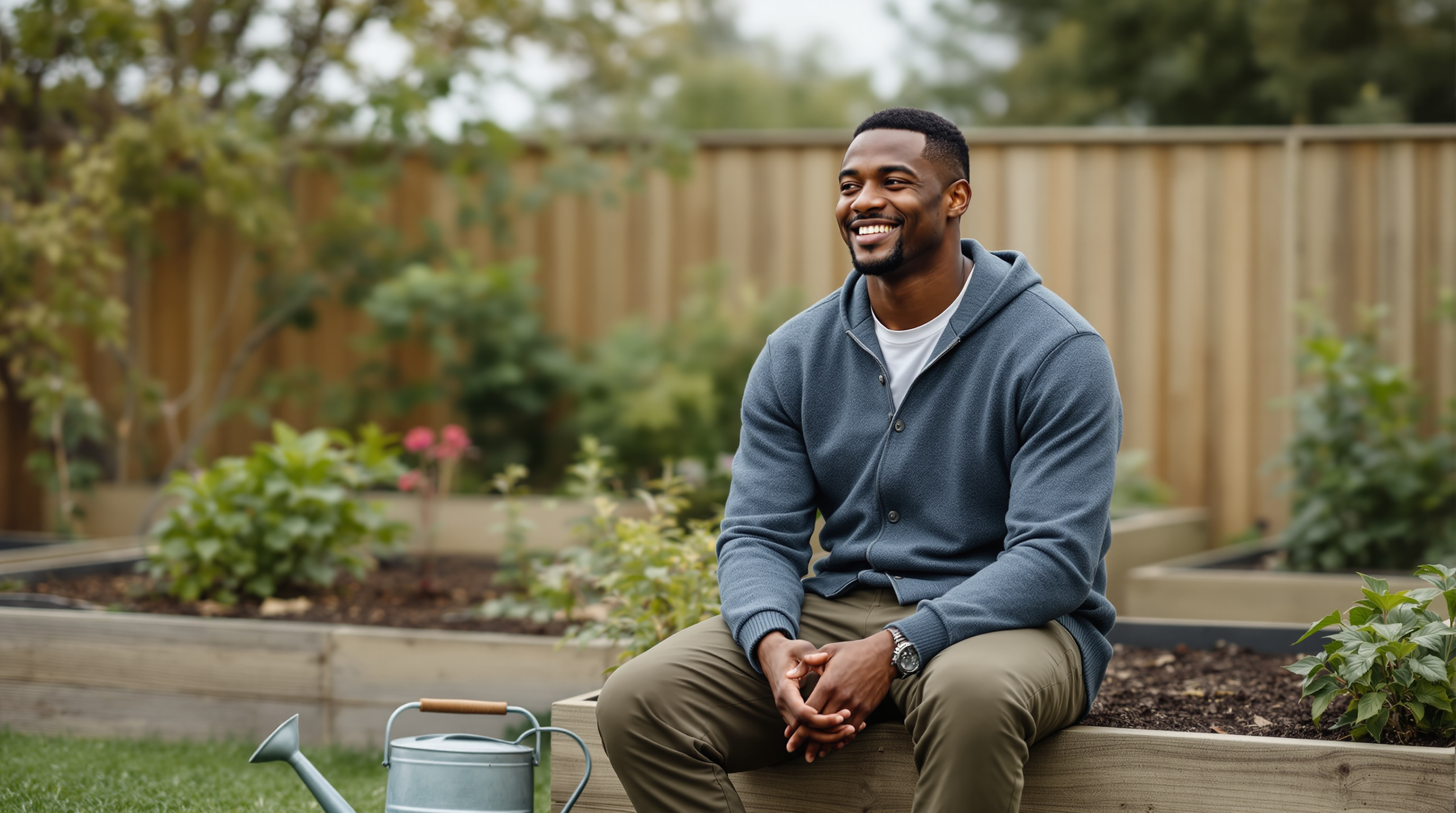 A man sits on the edge of a raised garden bed beside a watering can