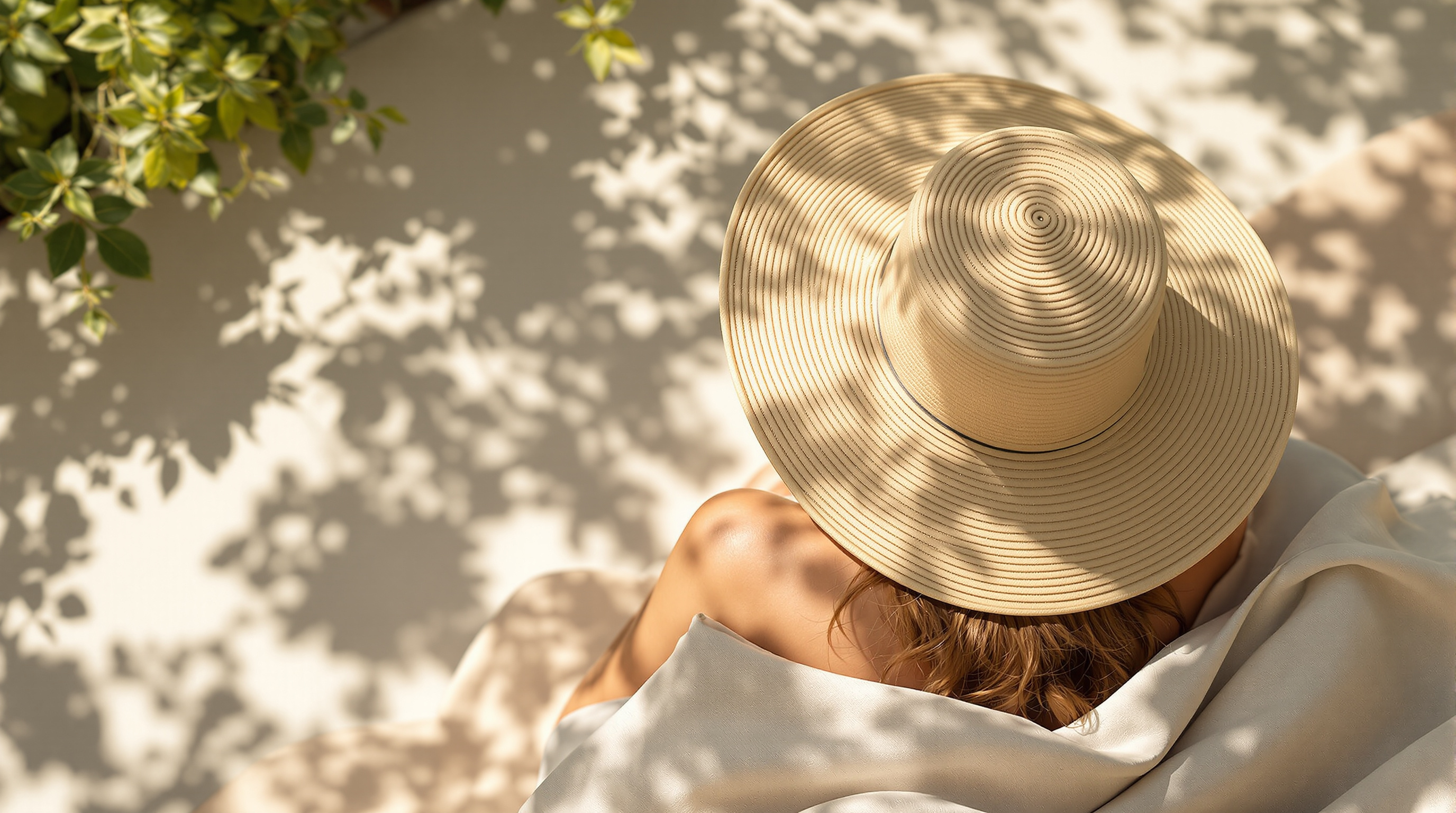 A person seen from above resting in dappled garden shade wearing a wide-brimmed straw sun hat