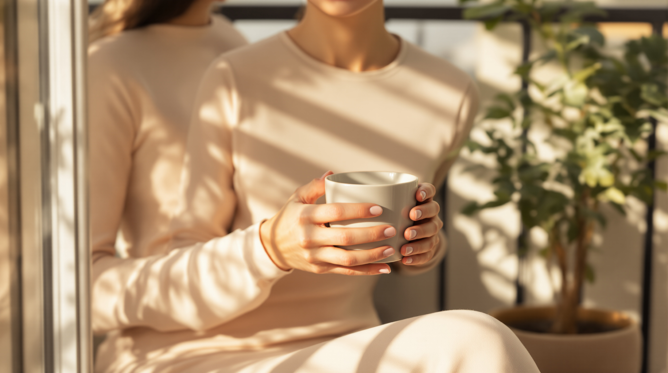 A person sits with a mug on a sunlit balcony beside a potted plant in the early morning