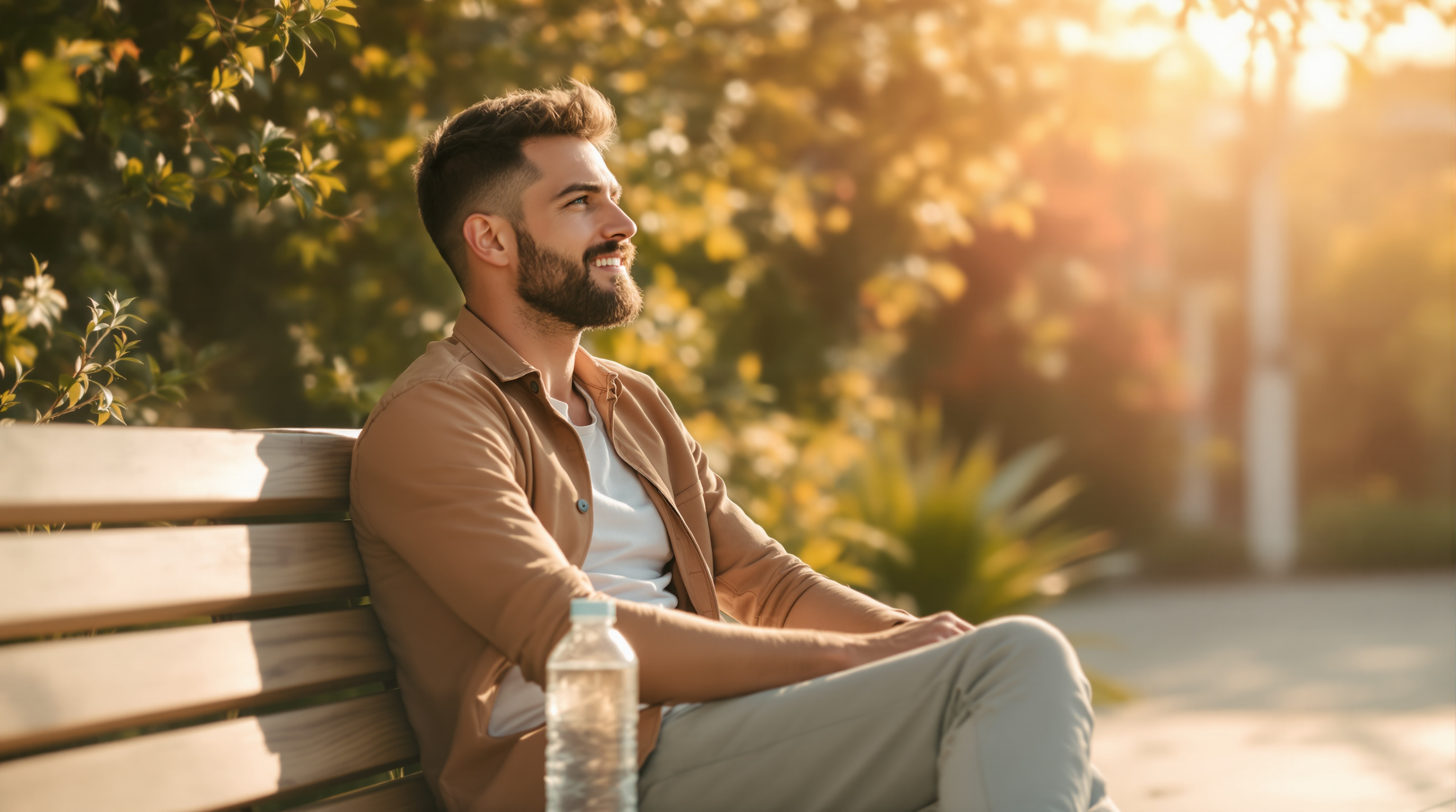 A man sits at ease on a wooden bench outdoors after a walk, a water bottle beside him
