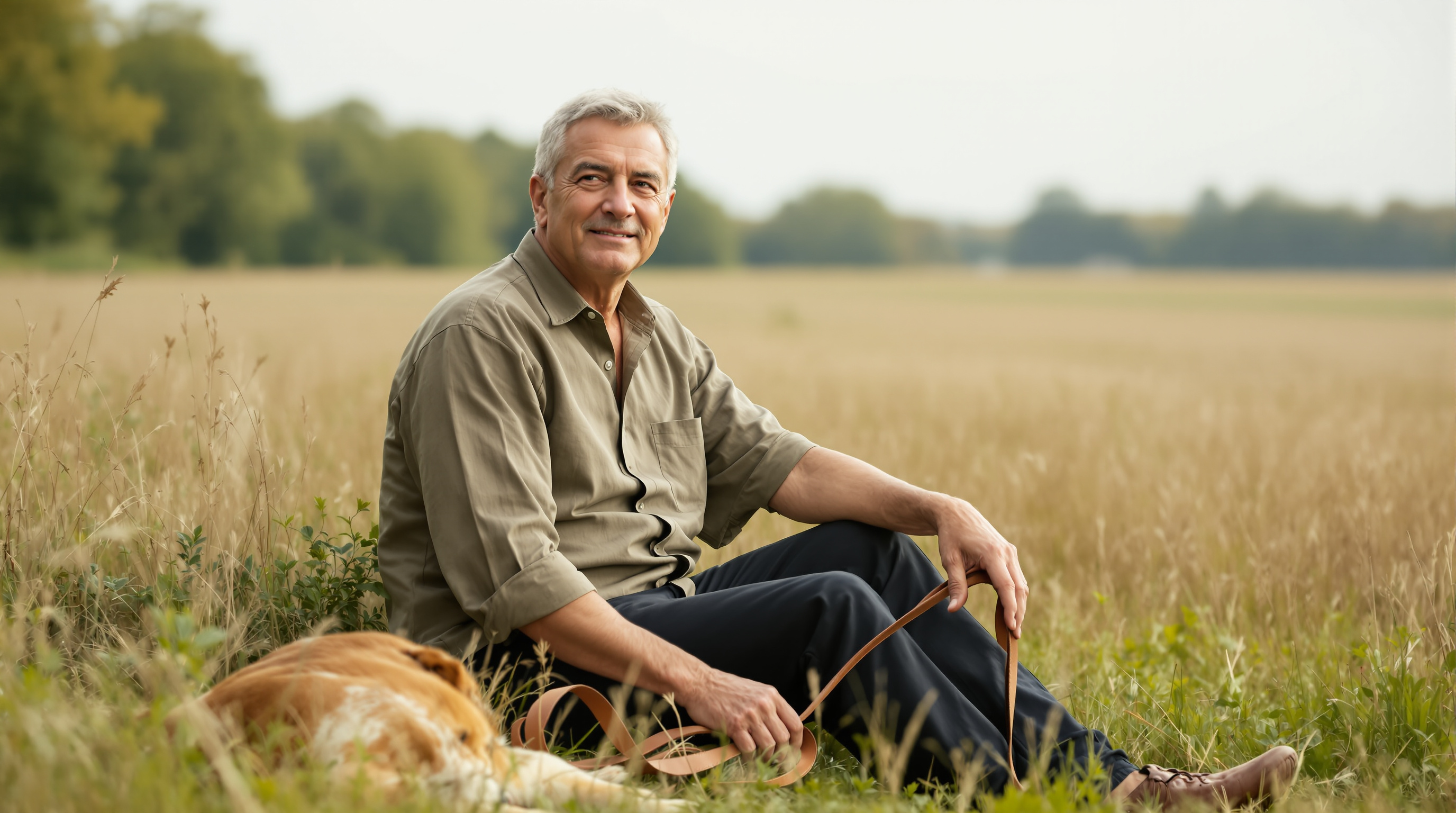 A man sits on the grass beside a dog in a meadow holding a dog lead