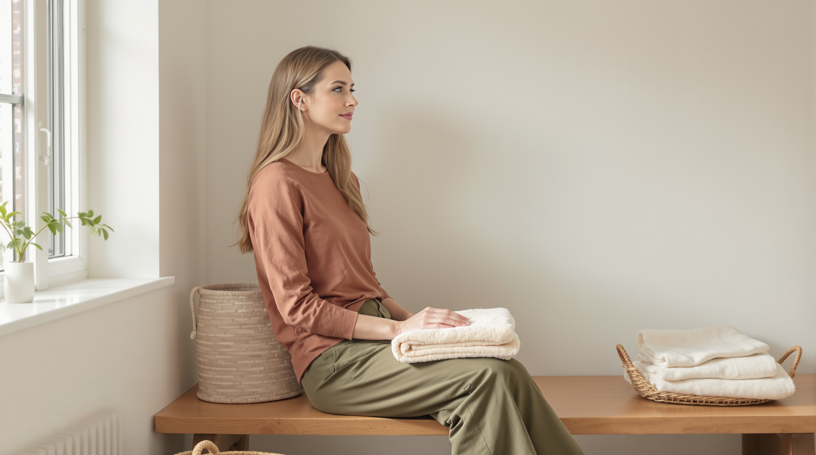 A woman sits on a bench in a utility room with a folded towel
