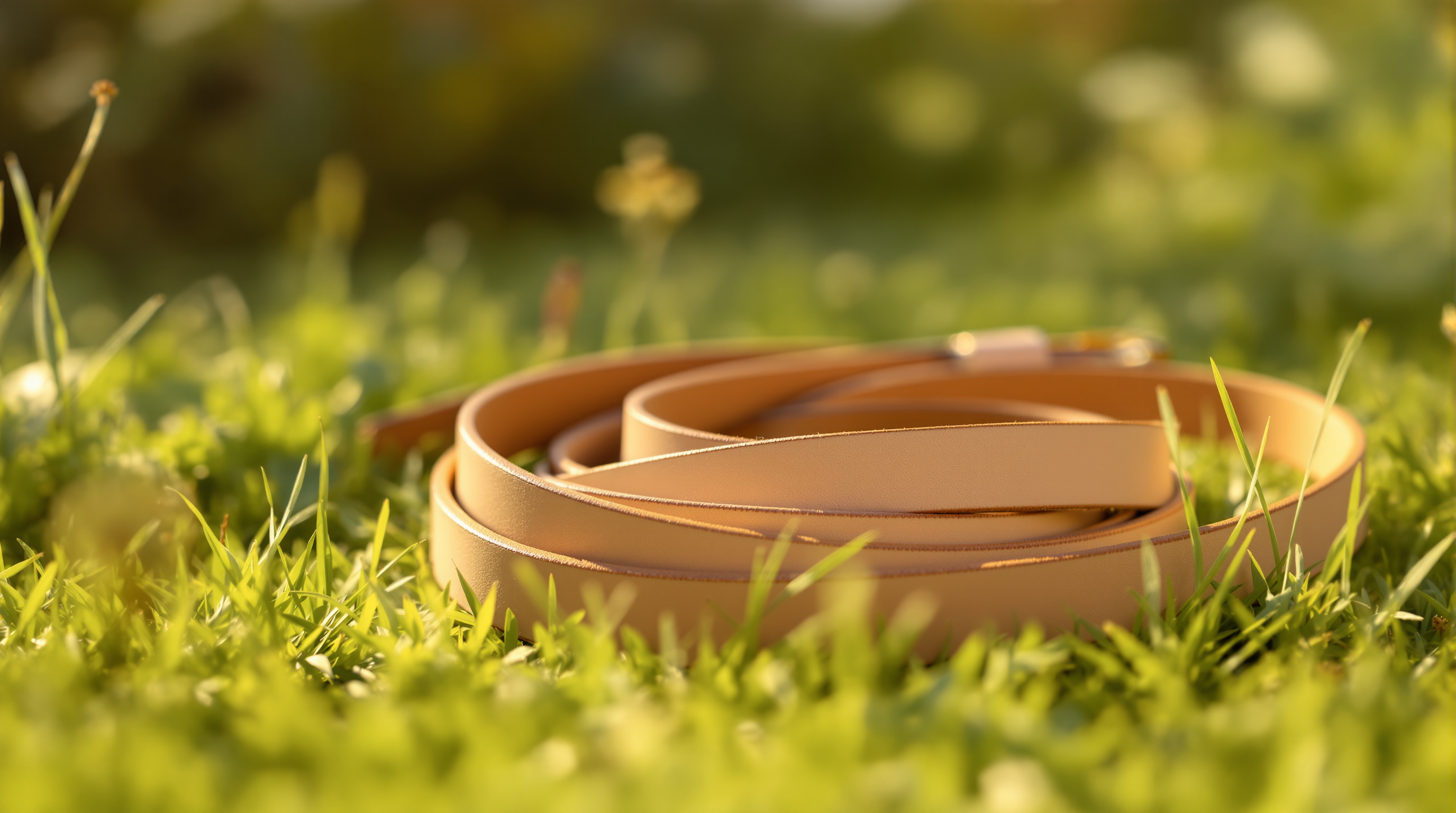 A plain leather dog lead coiled on grass, a close view