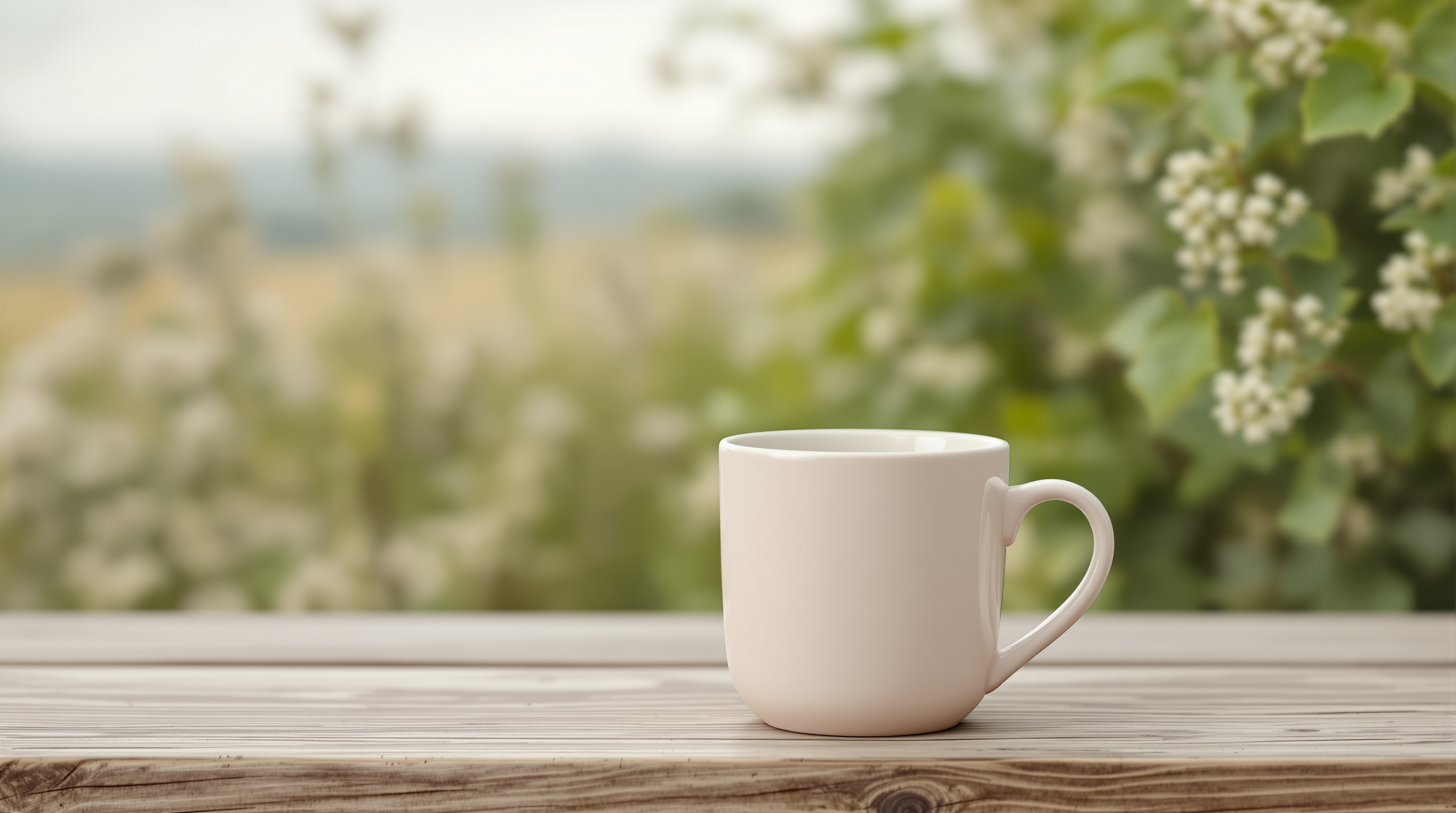 One plain ceramic mug on bare wood, a close view