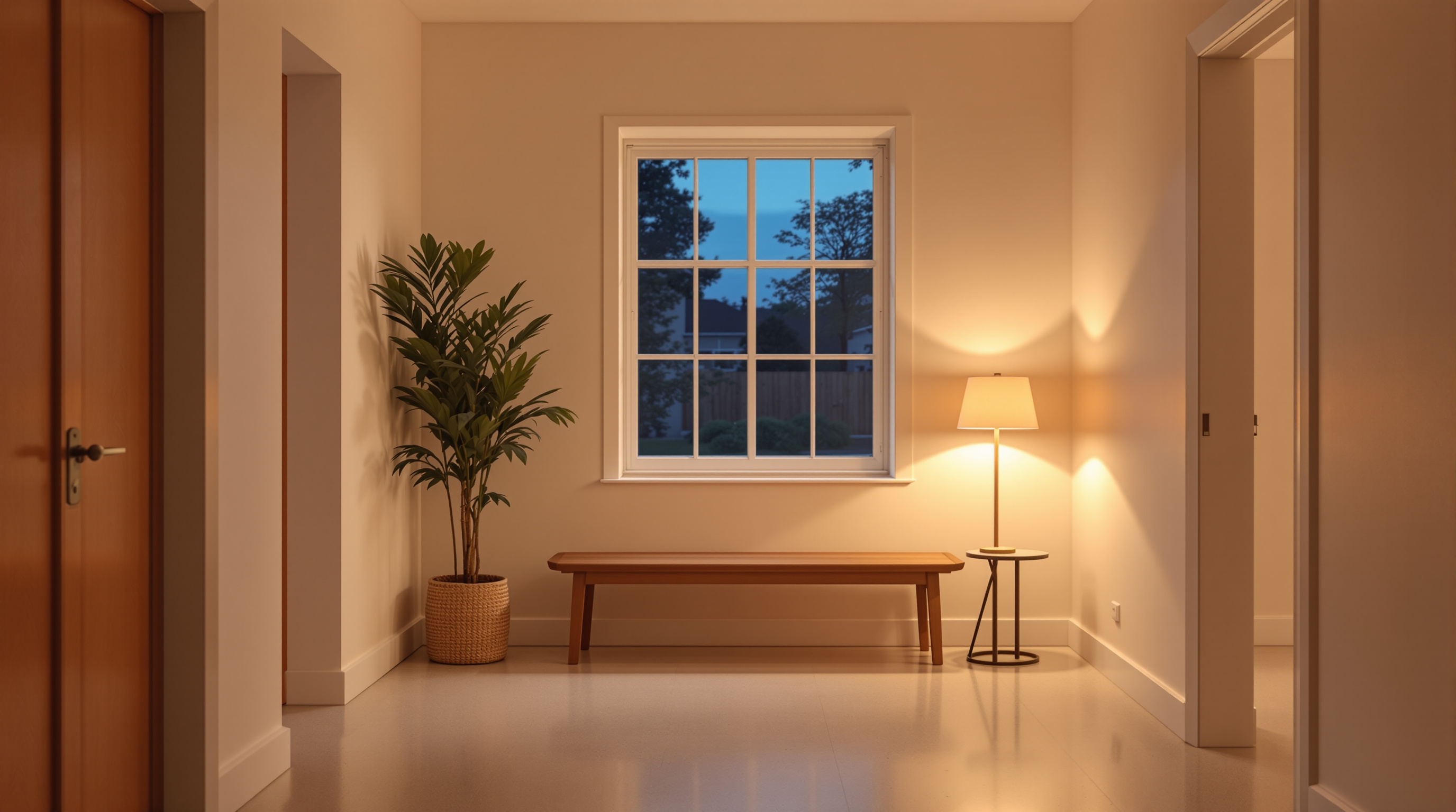 An empty bench in a bright entryway
