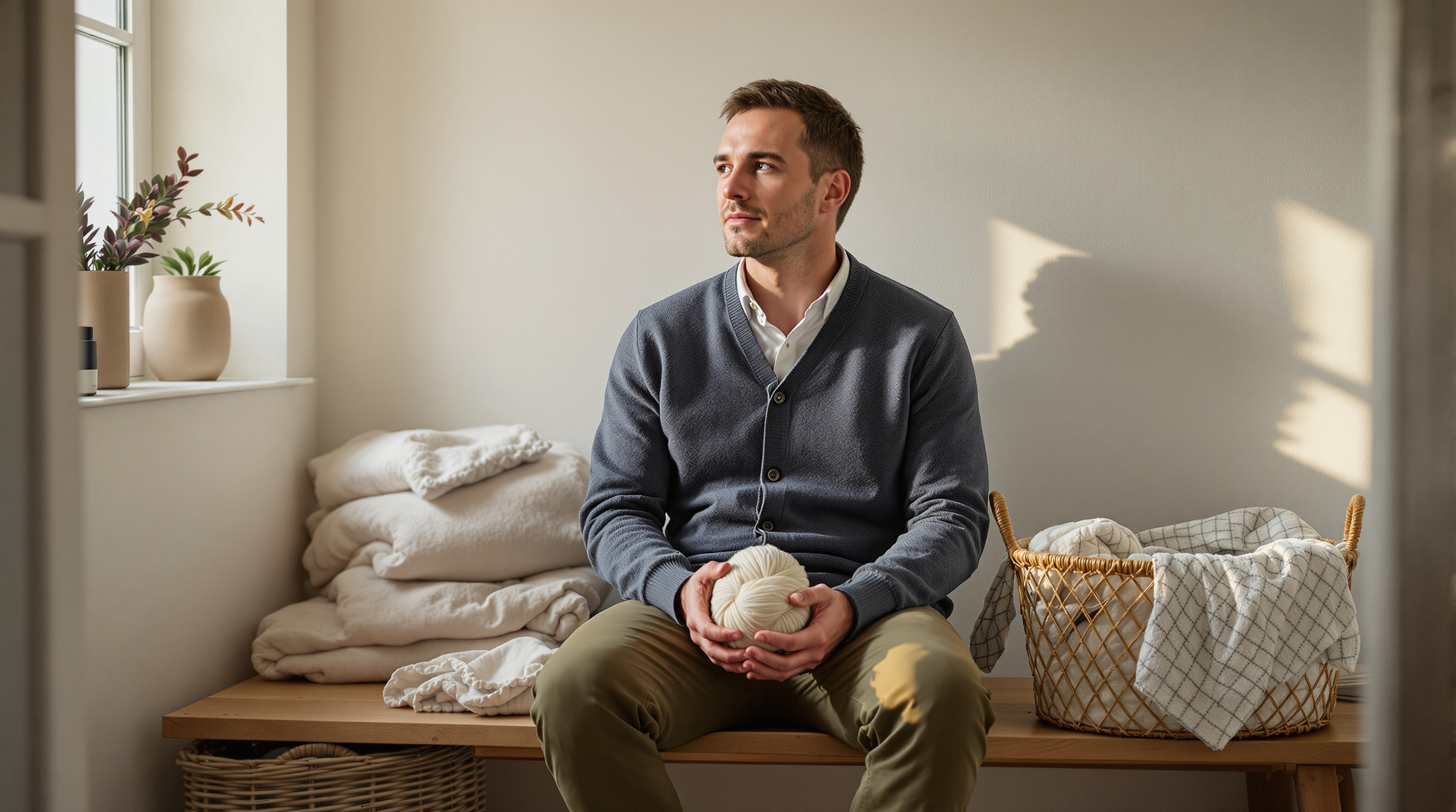 A man sits on a bench in a utility room with a ball of yarn