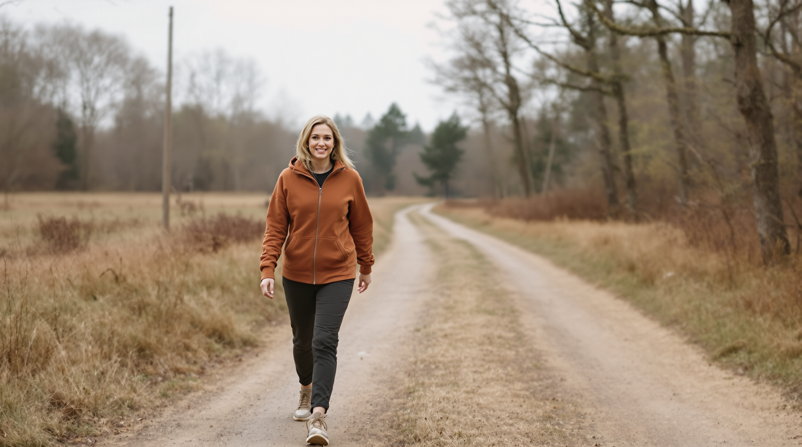 A woman in a rust-colored jacket and full-length dark trousers walks toward the camera along a wooded path