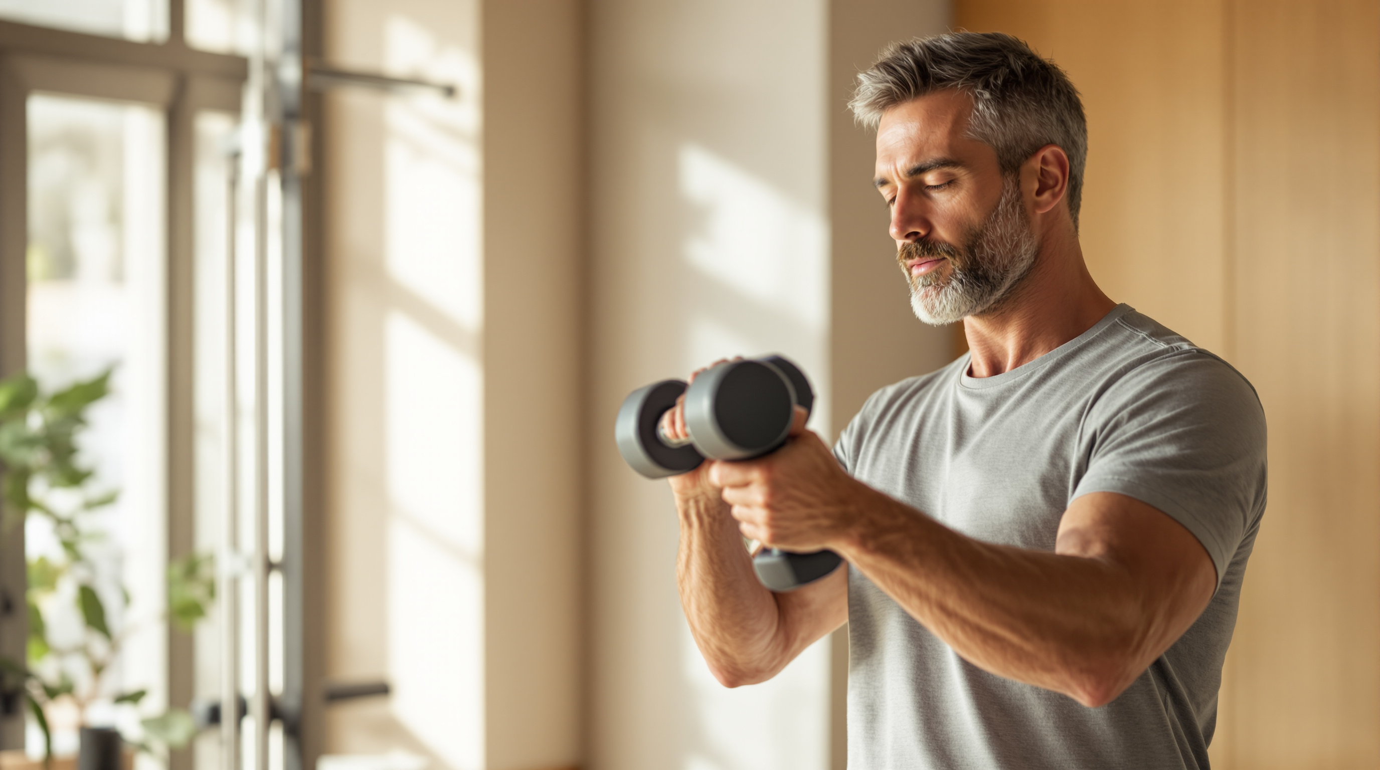 A man performs a controlled dumbbell curl beside a window in a sunlit gym
