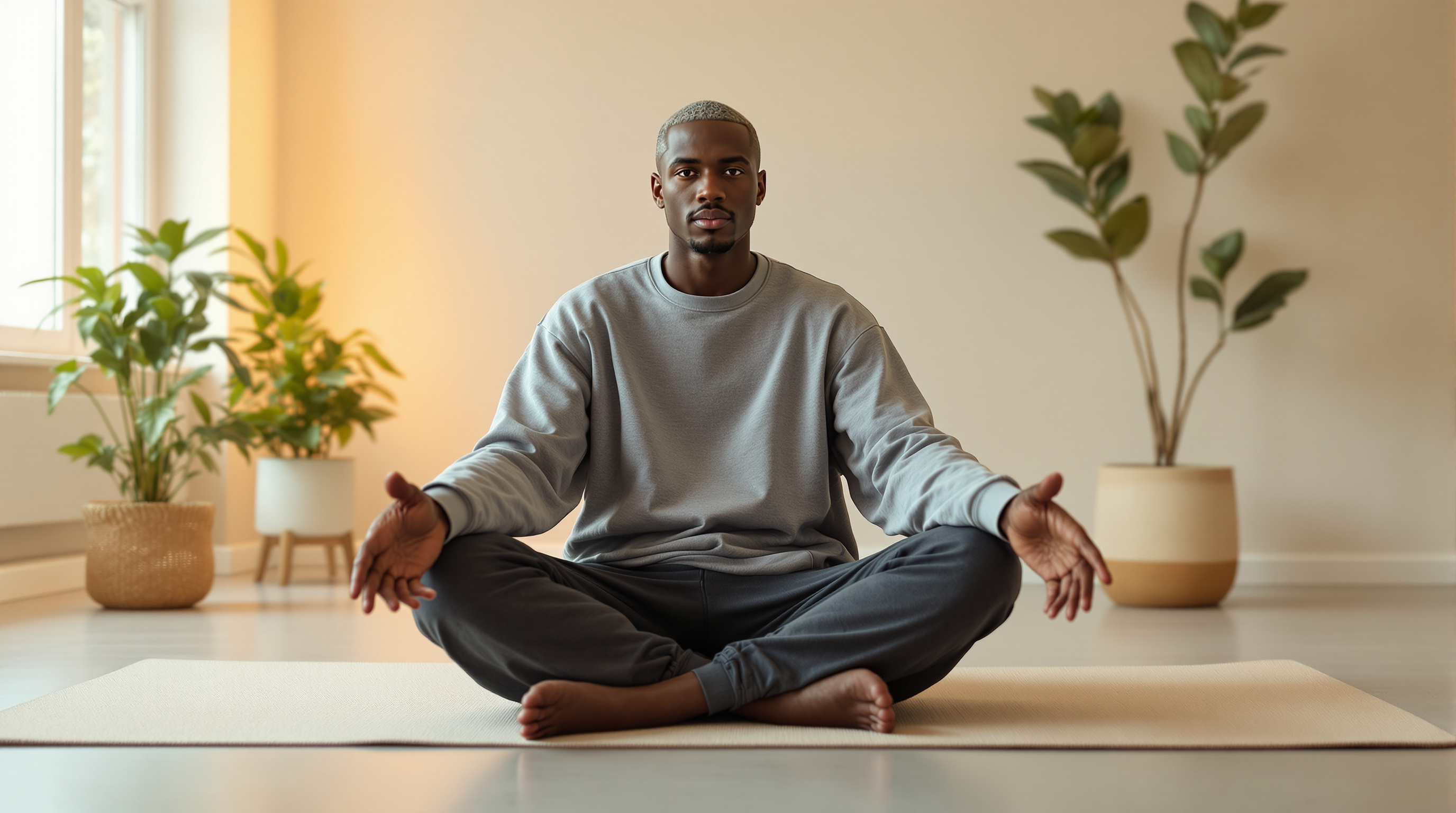 A man sits on a mat in a bright studio with a glass of water