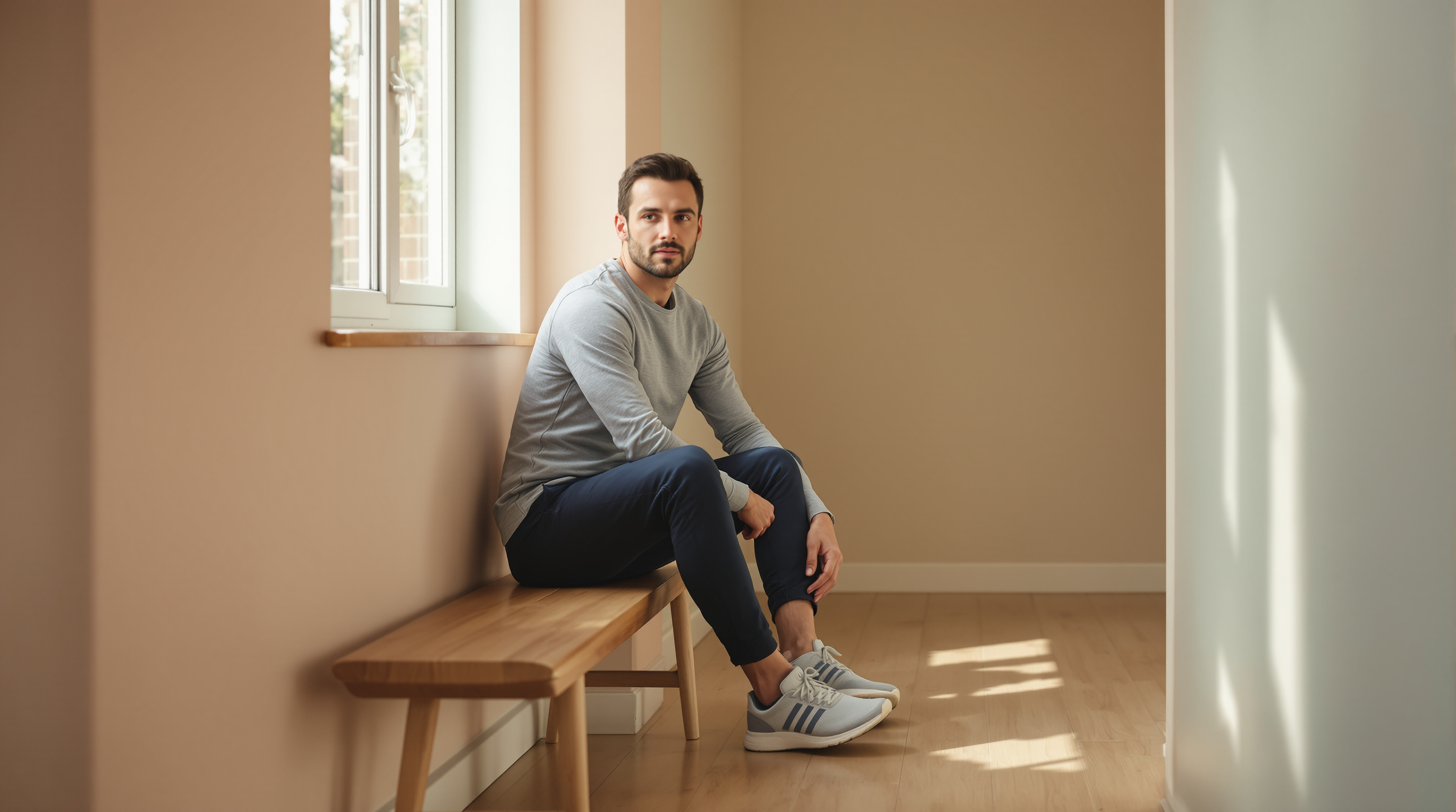 A man sits on a wooden bench beneath a window, lacing a running shoe