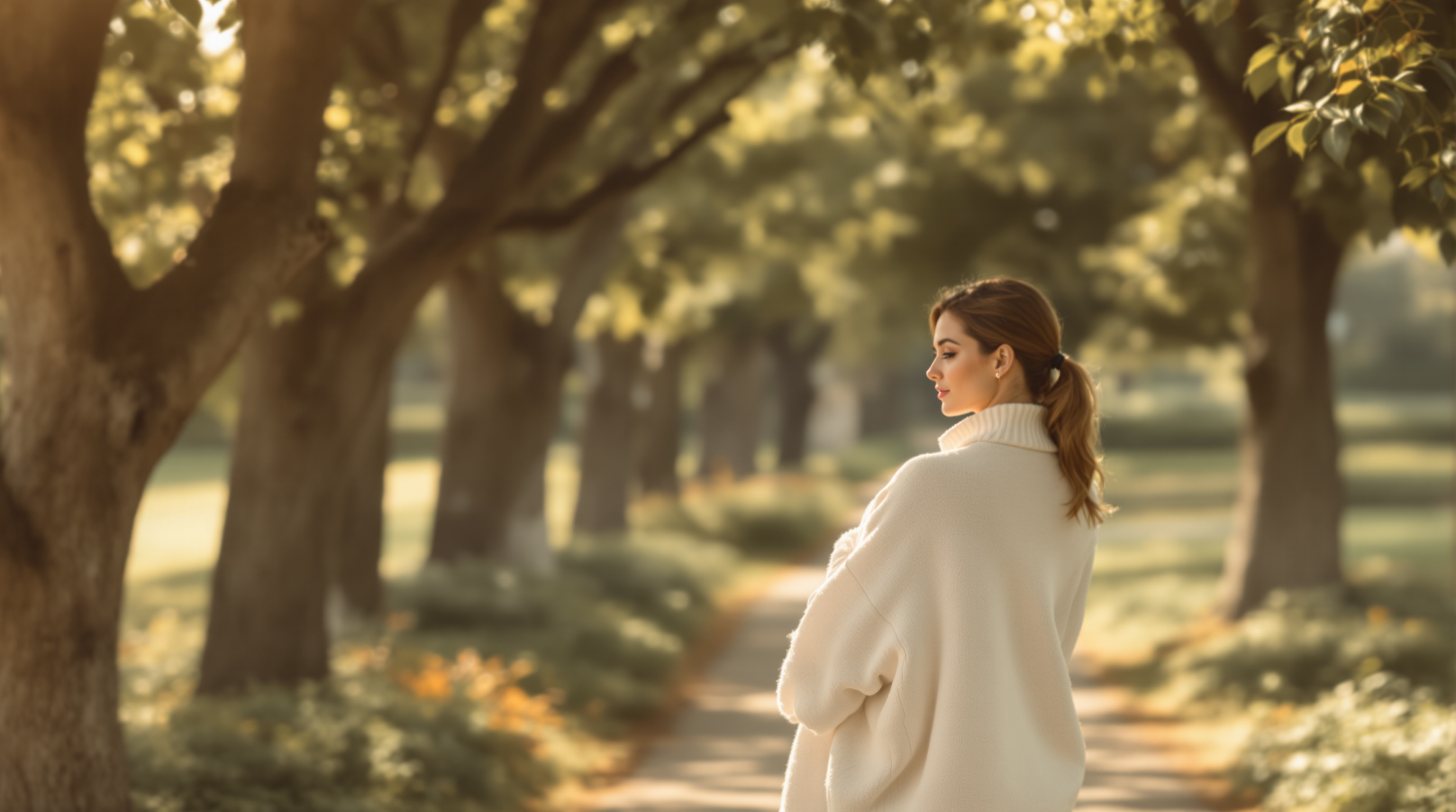 A woman in a cream sweater walking a tree-lined path in morning light